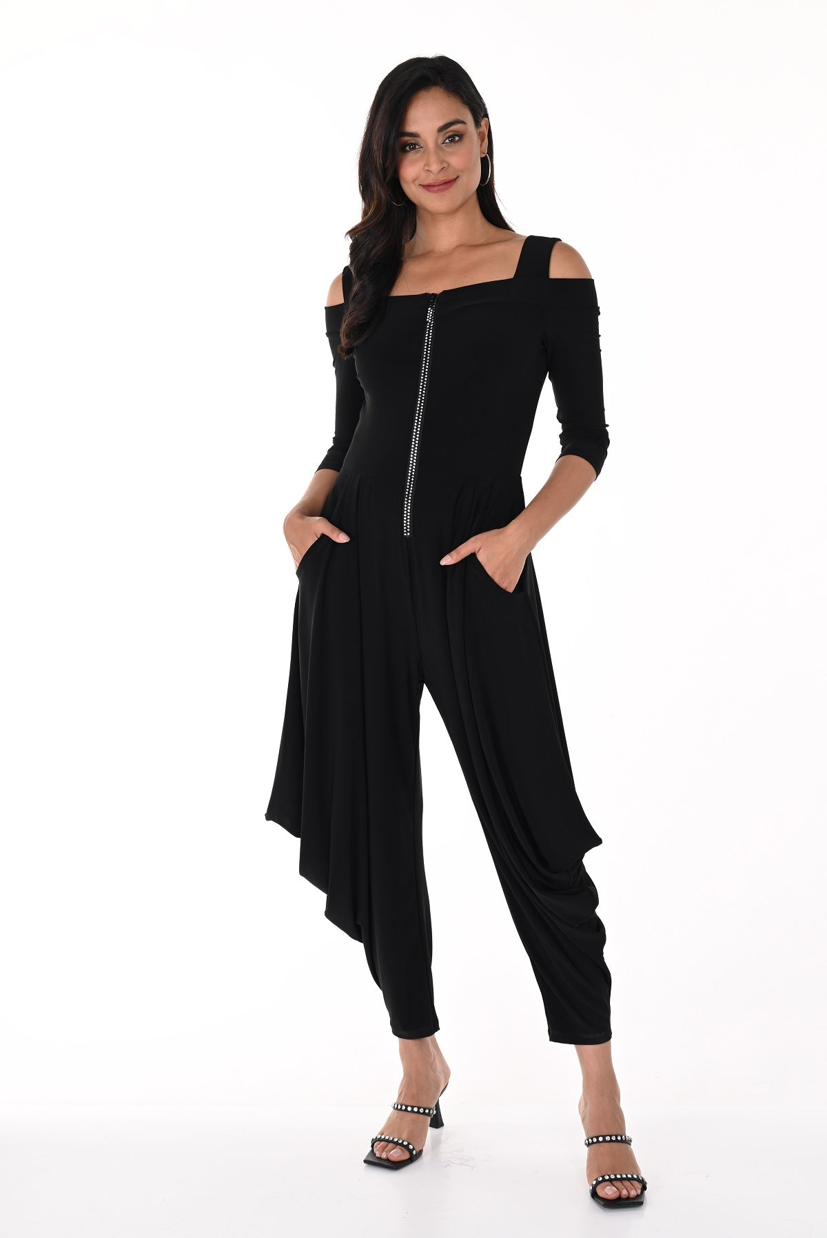 Frank Lyman One piece harem pant jumpsuit with cold shoulder and embellished zipper detail