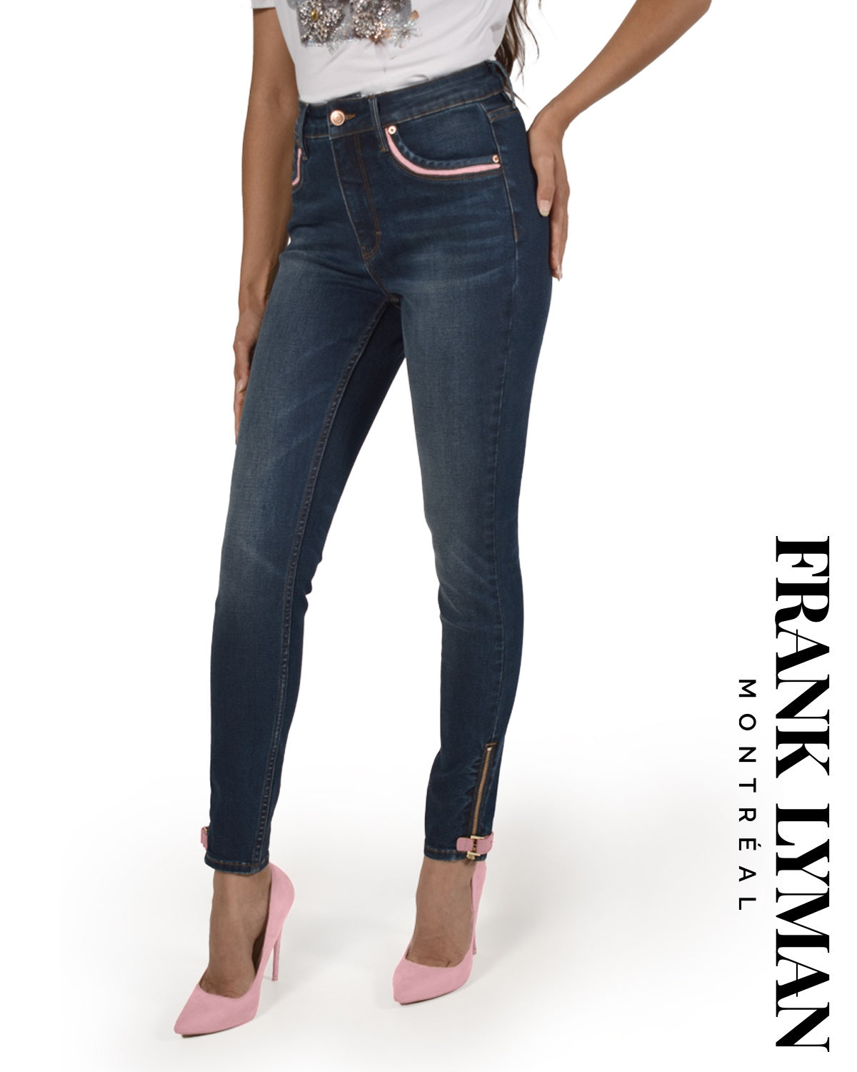 Frank Lyman Montreal Blue Blush Jeans with zipper hem detail