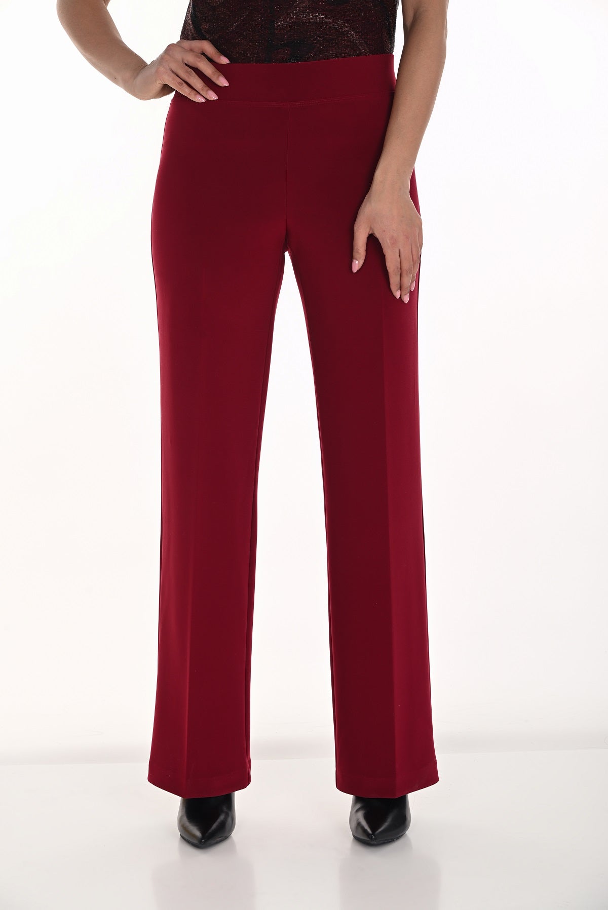 Cabernet color pull on dress pant with wide leg and 32 inch inseam