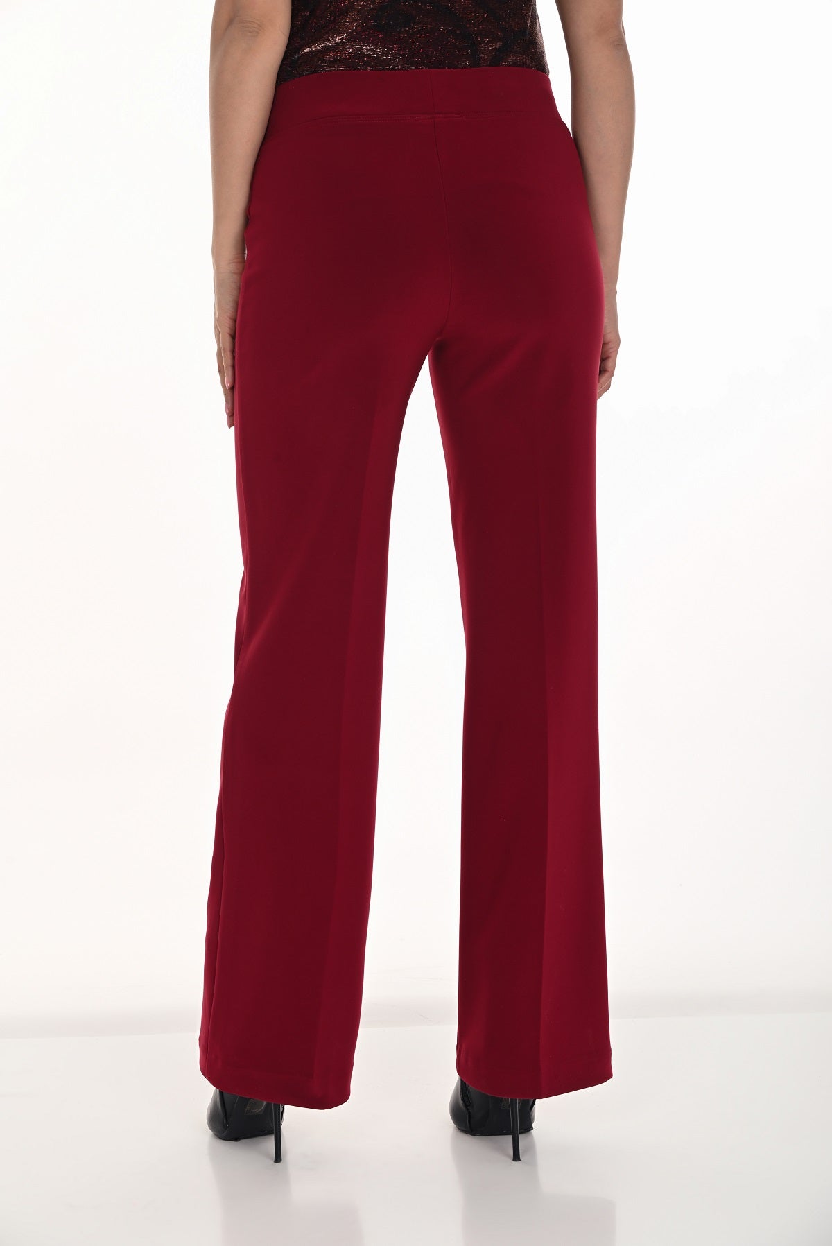 Cabernet color pull on dress pant with wide leg and 32 inch inseam
