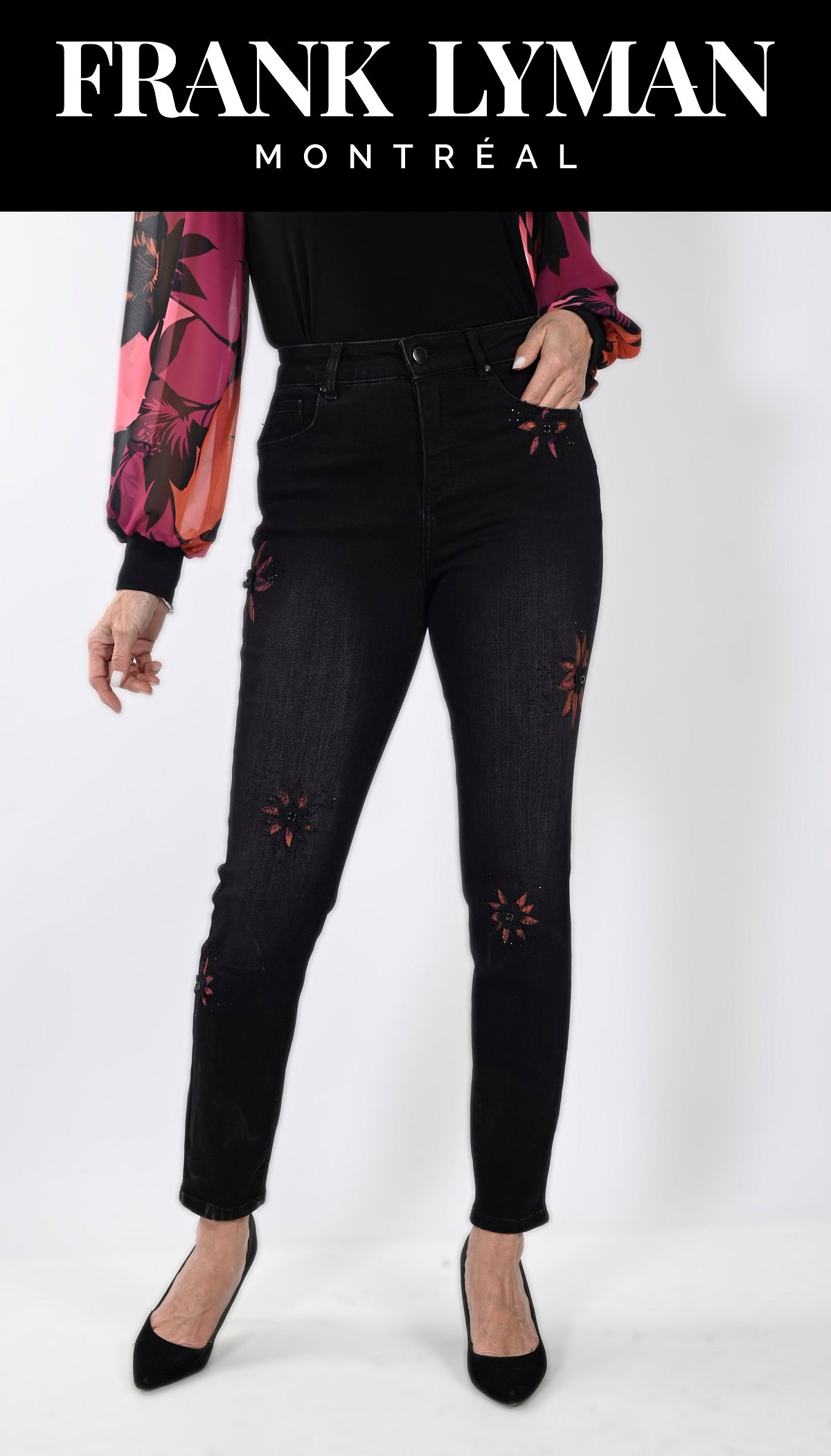 Frank Lyman Montreal Magenta Floral Jeans-Buy Frank Lyman Montreal Jeans Online-Applique Jeans Online-Frank Lyman Montreal Online Denim Shop