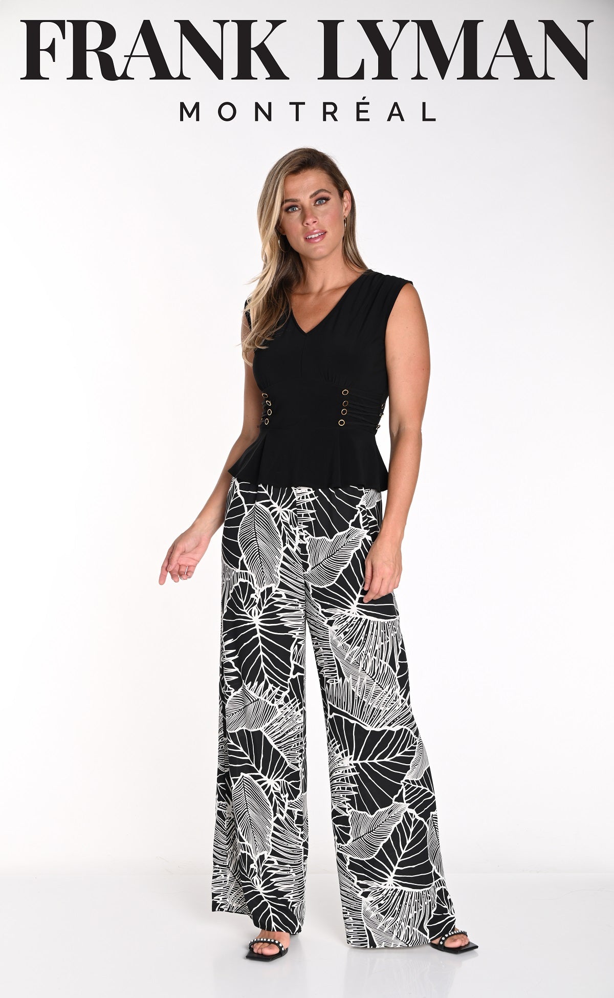 Frank Lyman Montreal Black Beige Print Palazzo Pant With Pull On Waistband