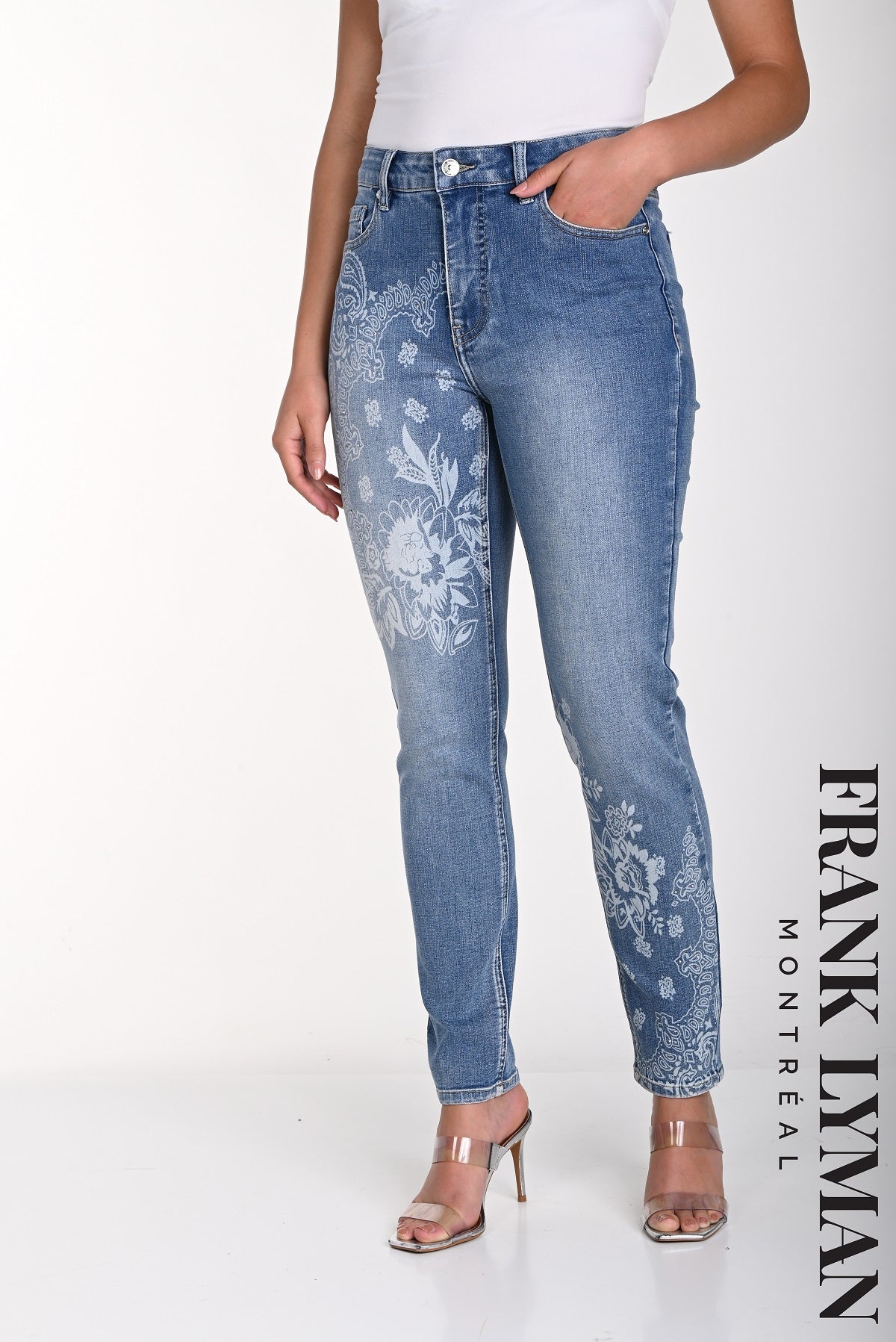 Frank Lyman Montreal 5 Pocket Slim Denim Blue Jeans With Front Sequin Print Detail-High Waisted Print Blue Jeans