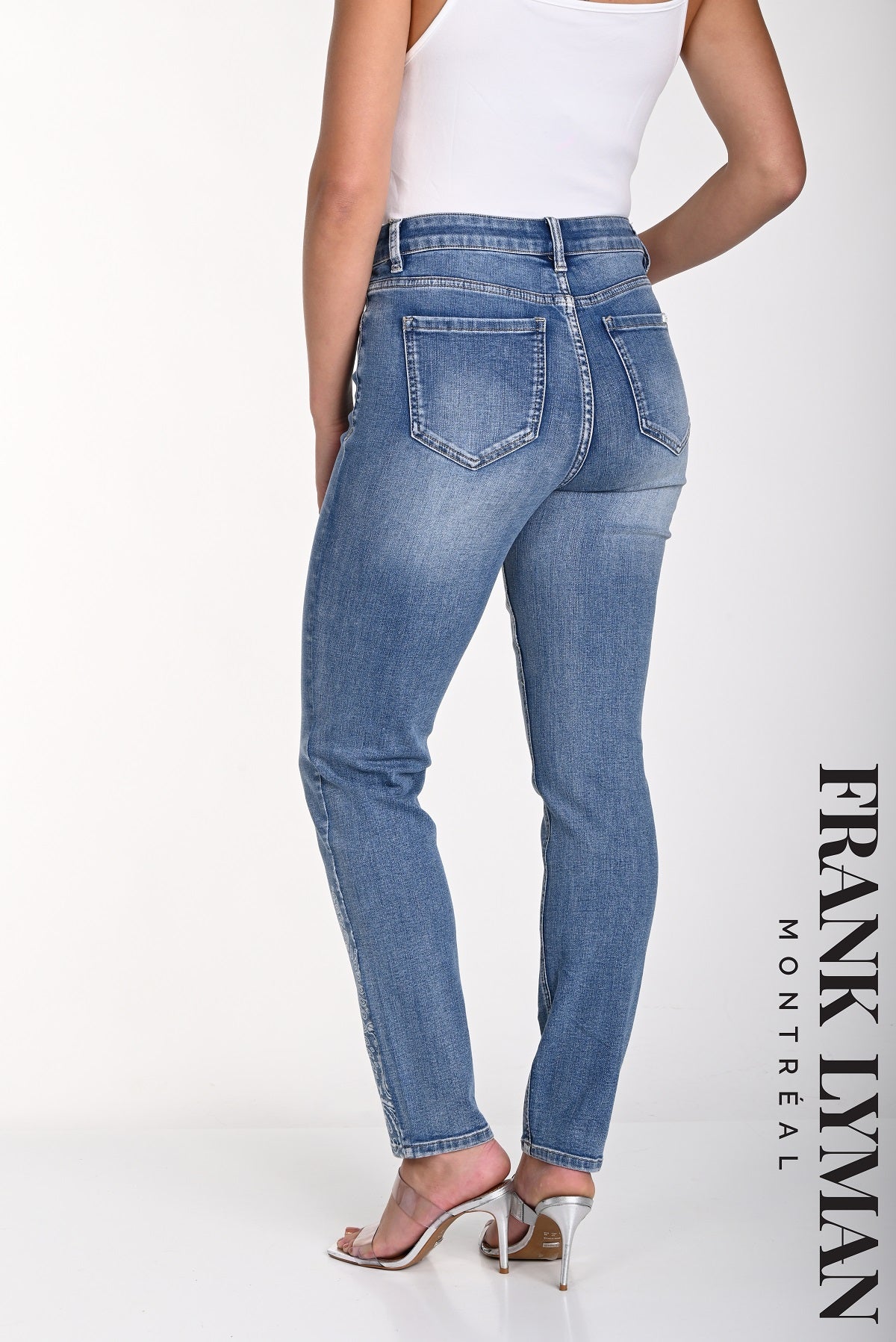 Frank Lyman Montreal 5 Pocket Slim Denim Blue Jeans With Front Sequin Print Detail-High Waisted Print Blue Jeans