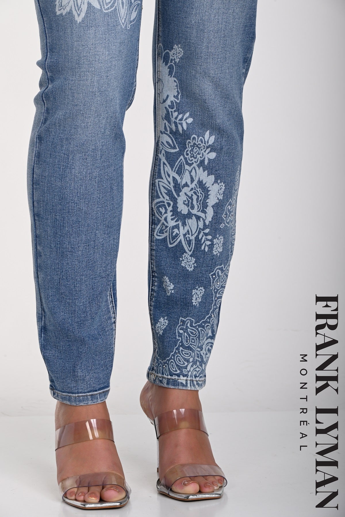 Frank Lyman Montreal 5 Pocket Slim Denim Blue Jeans With Front Sequin Print Detail-High Waisted Print Blue Jeans