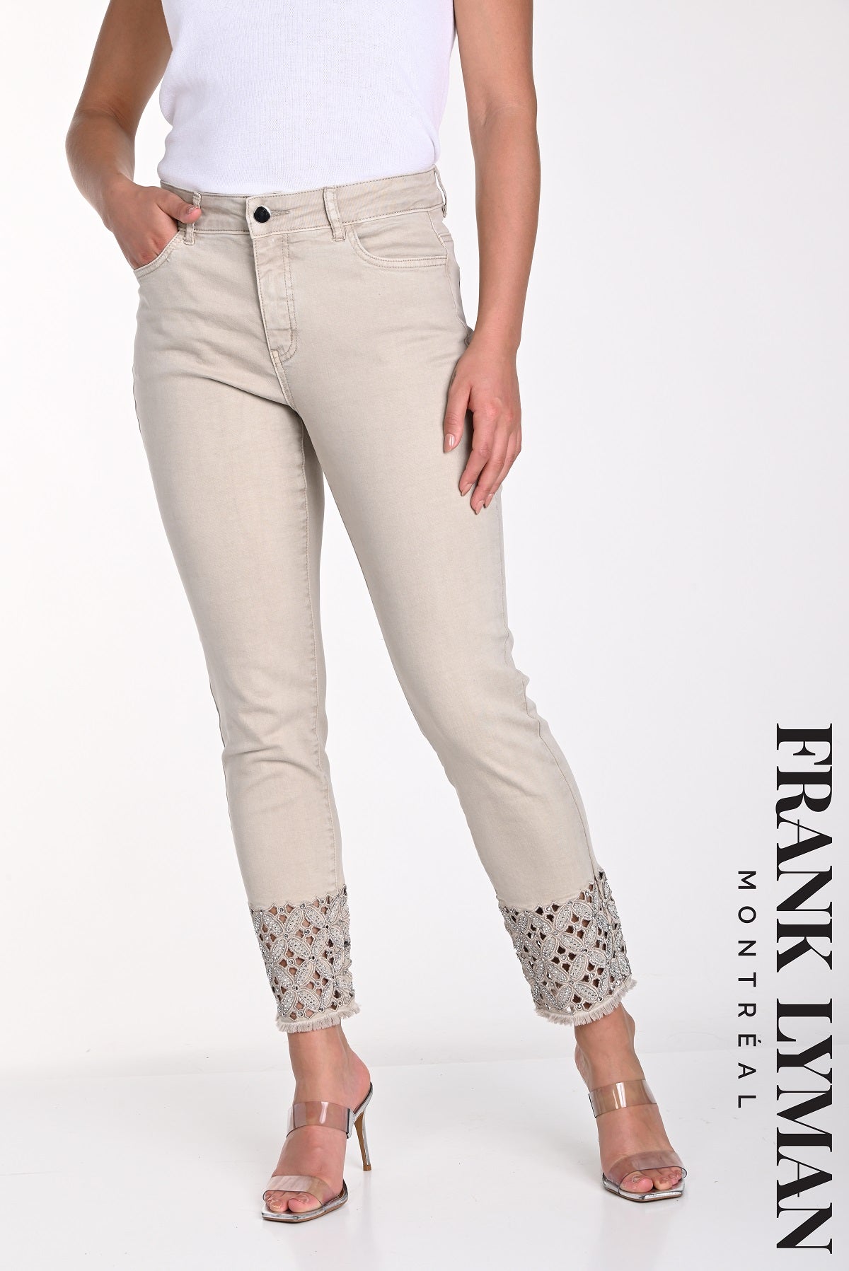 Frank Lyman Montreal Beige Cropped Jeans With Frayed Embellished Hem Detail