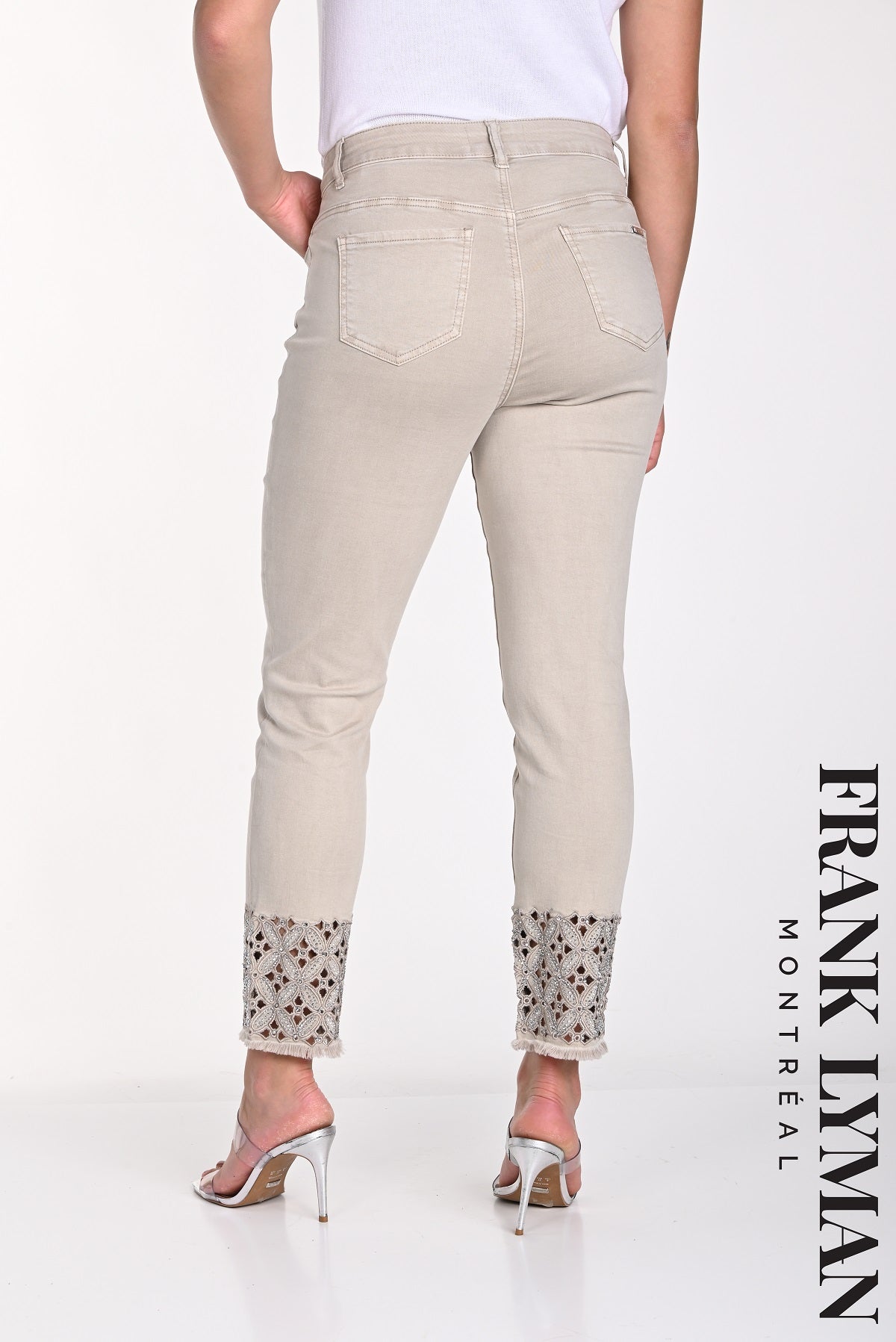 Frank Lyman Montreal Beige Cropped Jeans With Frayed Embellished Hem Detail