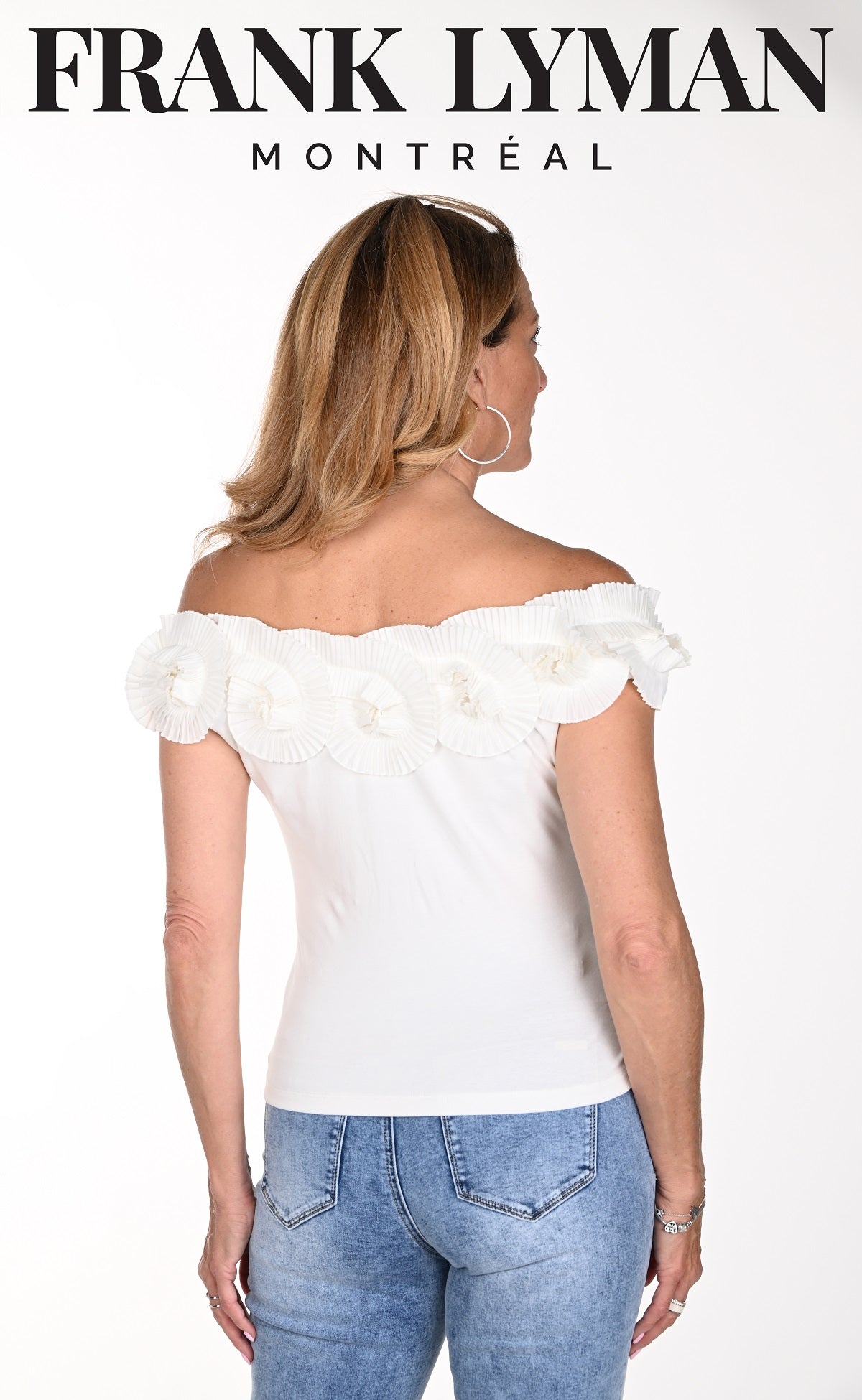 Frank Lyman Montreal Off The Shoulder Top With Rosette Embroidered Detail