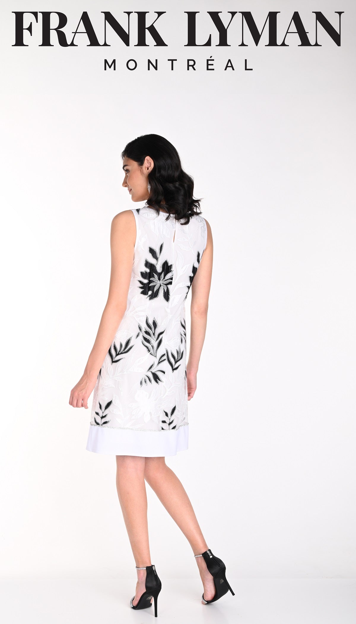 Frank Lyman Montreal Off white black embroidered cocktail dress  with embellished hem