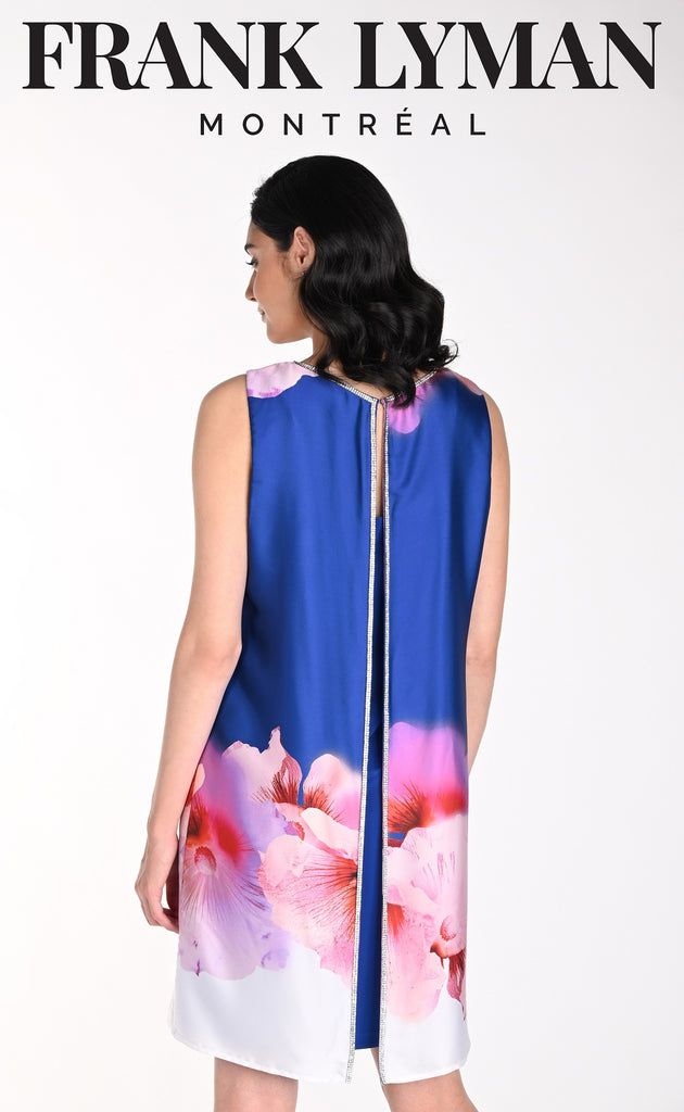 Frank Lyman Montreal Sleeveless Floral Satin Dress With Back Rhinestone Detail