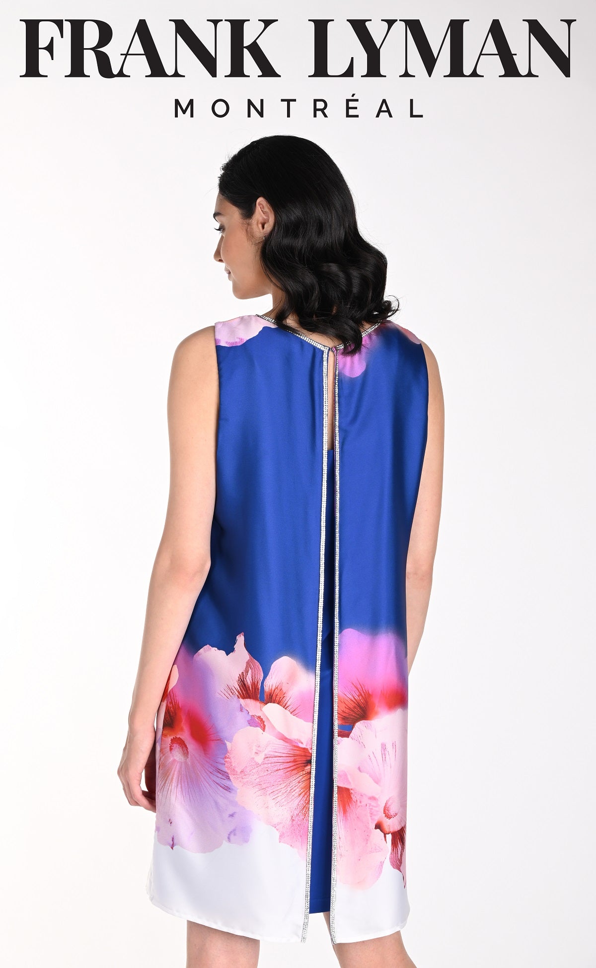 Frank Lyman Montreal Sleeveless Floral Satin Dress With Back Rhinestone Detail