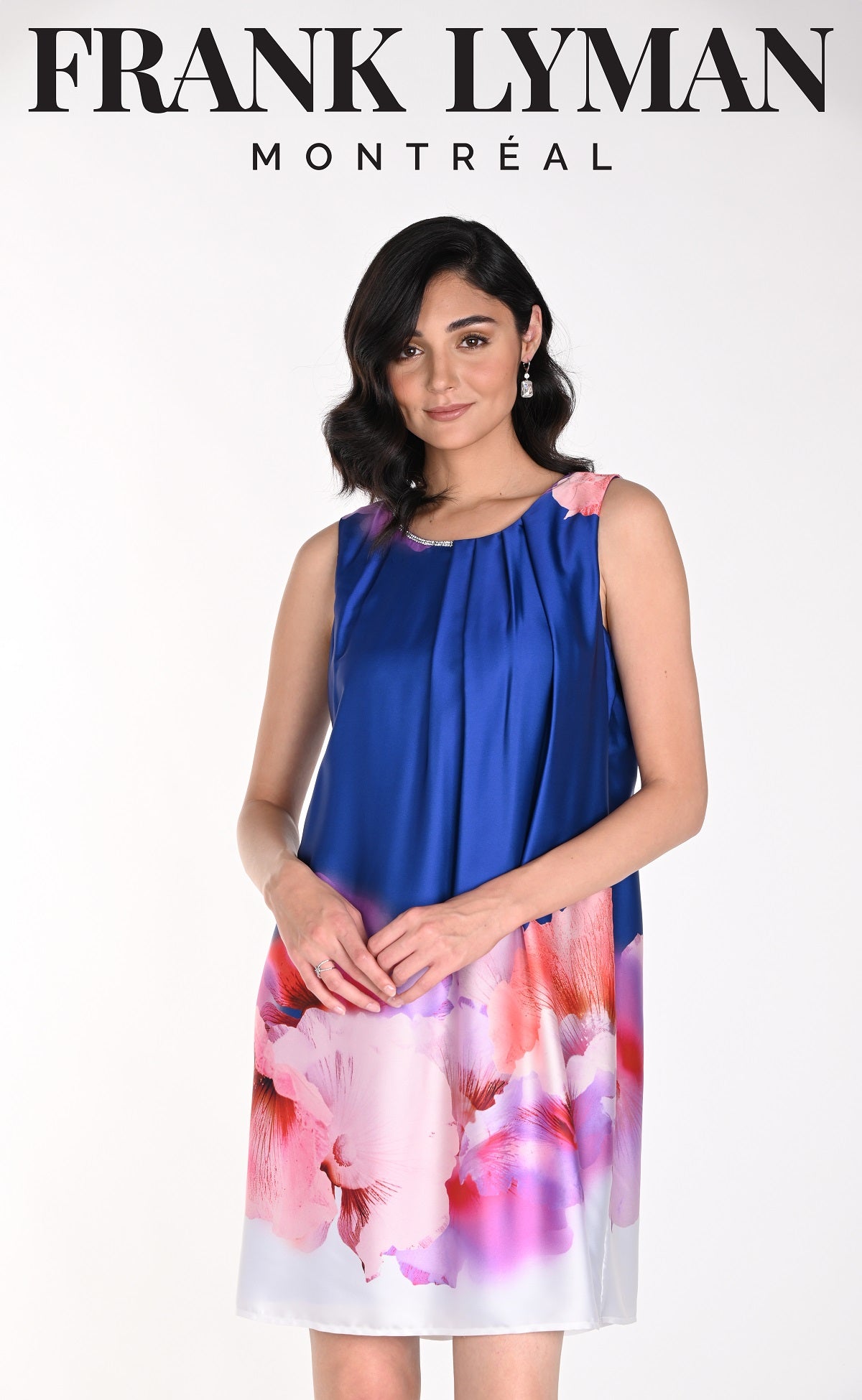Frank Lyman Montreal Sleeveless Floral Satin Dress With Back Rhinestone Detail
