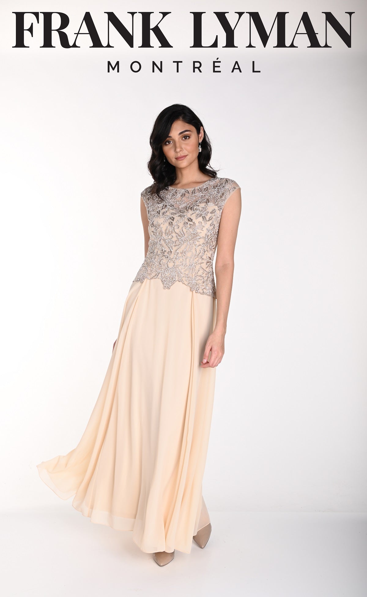 Champagne Evening gown  with sequin top and chiffon fuller skirt