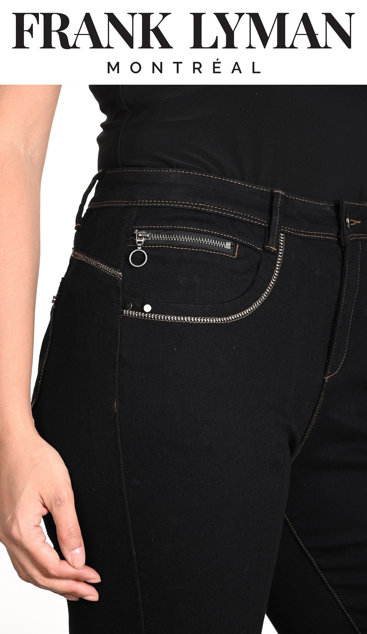Frank Lyman Montreal Cotton Blend Black Jeans With Gold Stitching Detail