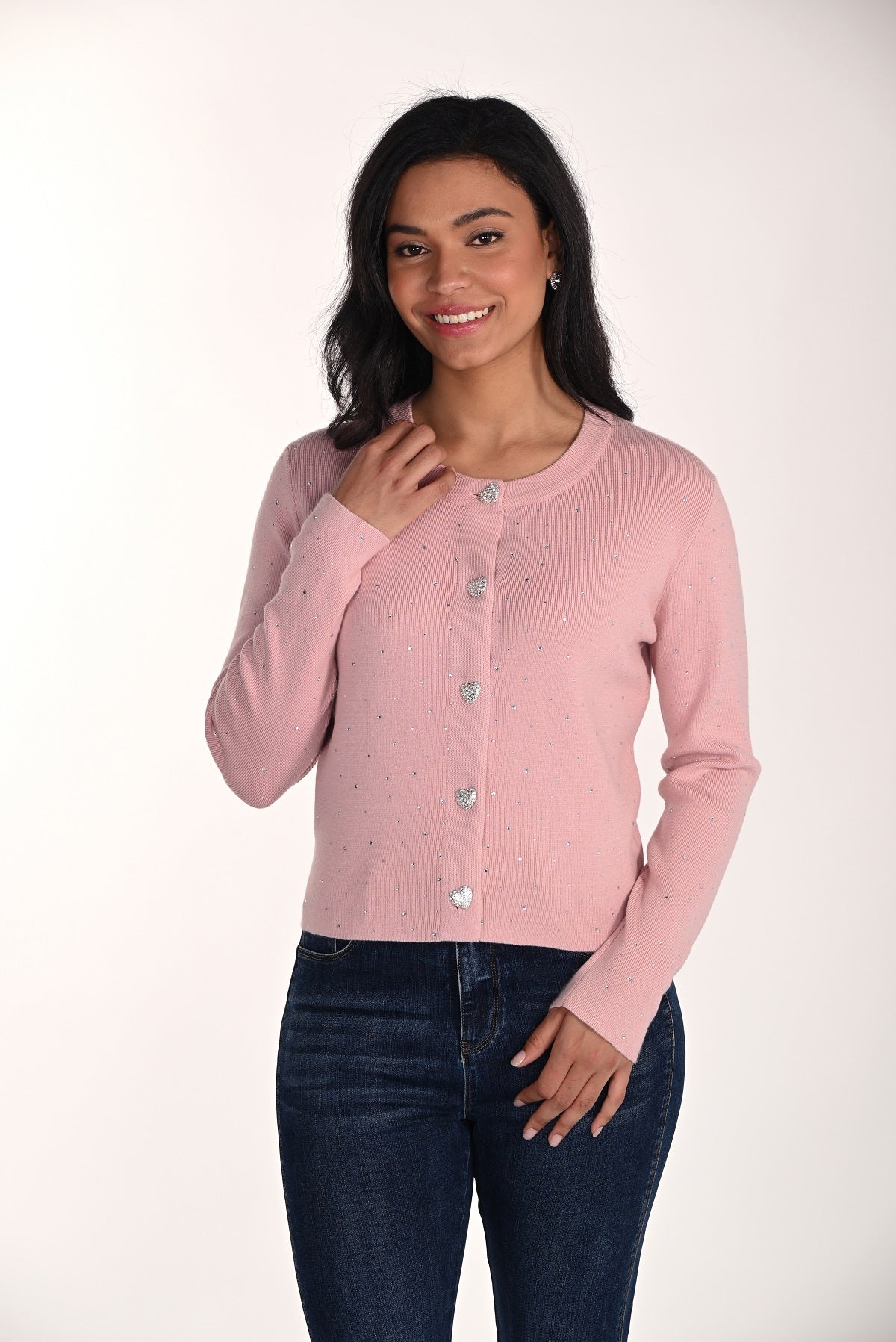 Blush cropped cardigan sweater with silver sequin and heart button detail