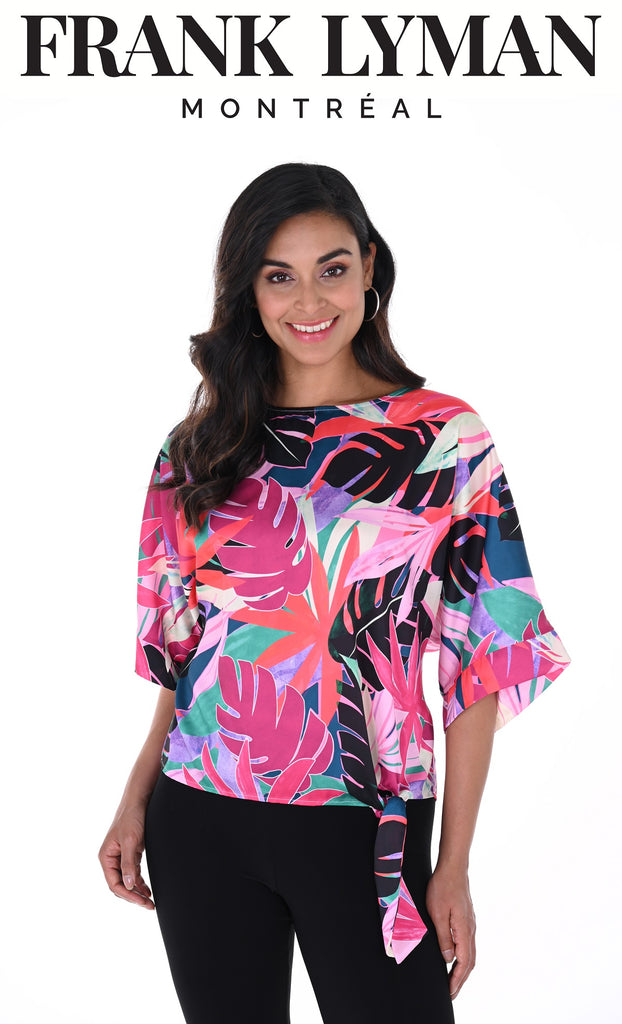 Floral Woven knit pullover Top-Black-Pink Floral Knit Tops with front tie detail