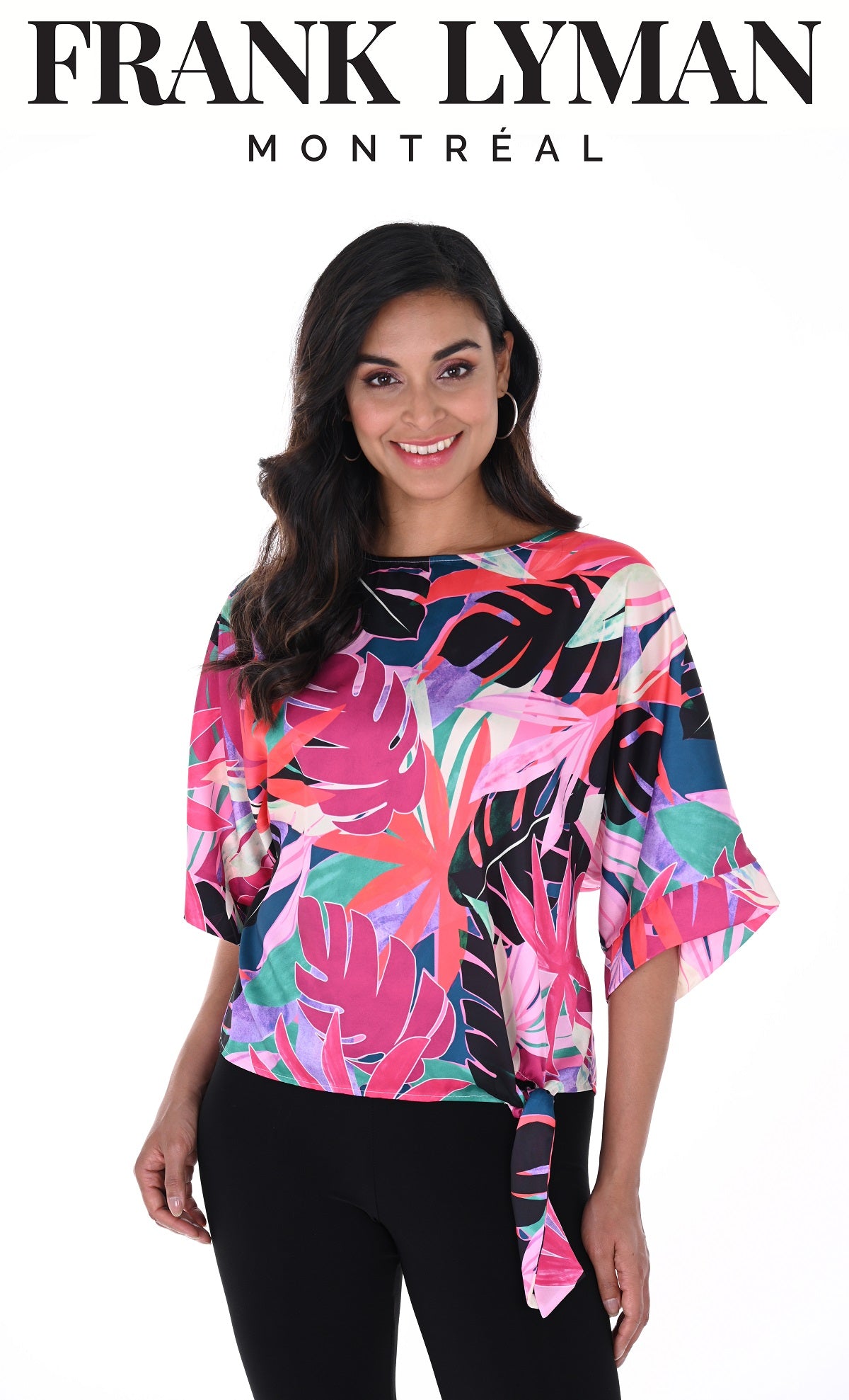 Floral Woven knit pullover Top-Black-Pink Floral Knit Tops with front tie detail