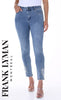 Denim blue jeans with crystal stone heart detail on hem