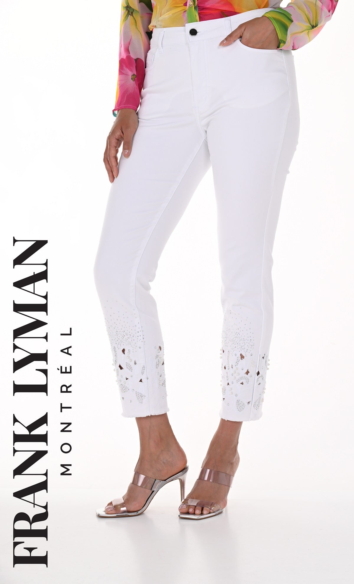 White Jeans With Sequin Hem Cutout Detail-Frank Lyman Montreal White High Waisted Jeans With Sequin Frayed Hem Cutout Detail