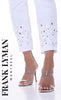 White Jeans With Sequin Hem Cutout Detail-Frank Lyman Montreal White High Waisted Jeans With Sequin Frayed Hem Cutout Detail