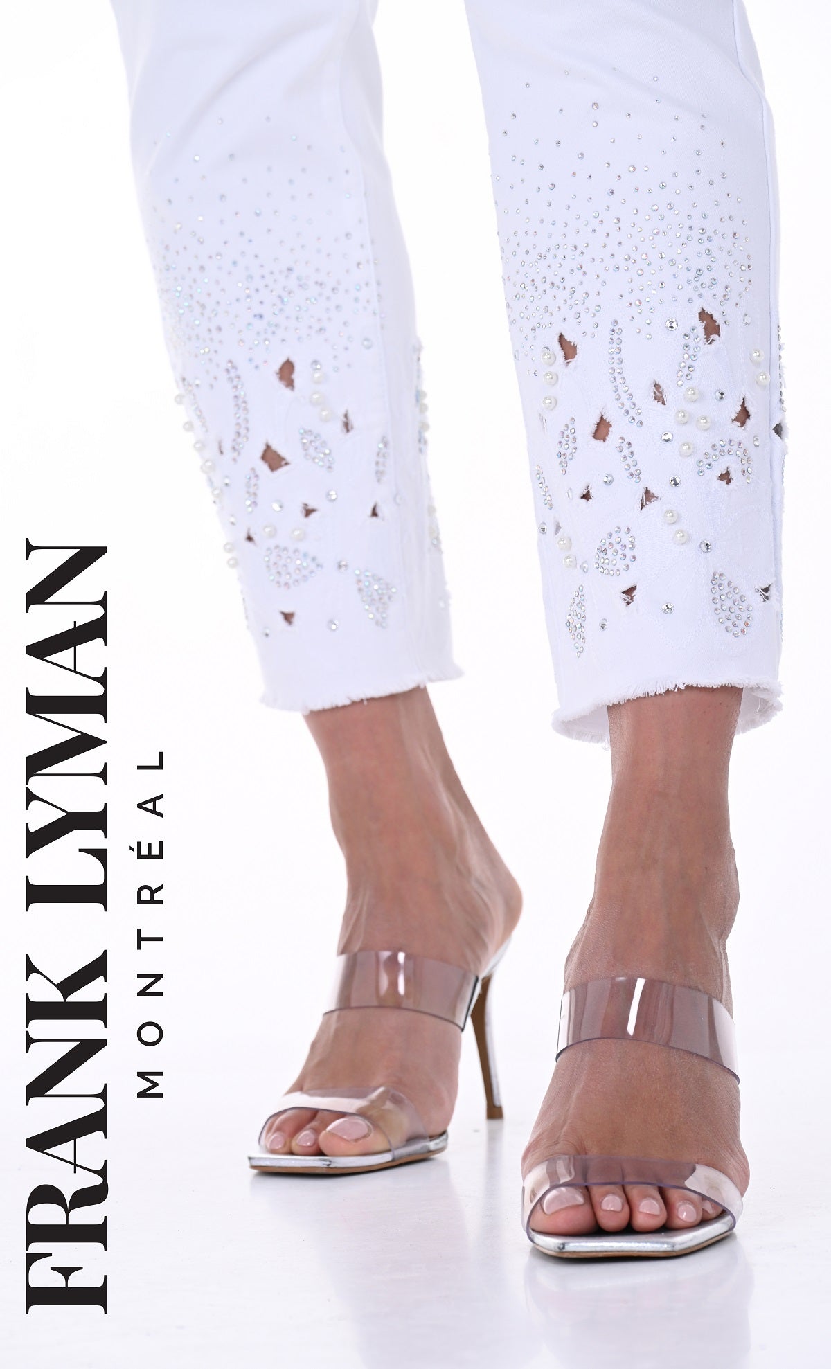 White Jeans With Sequin Hem Cutout Detail-Frank Lyman Montreal White High Waisted Jeans With Sequin Frayed Hem Cutout Detail