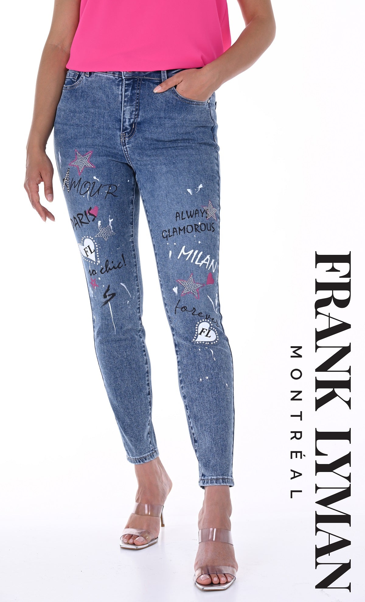 Frank Lyman Montreal Denim Blue Jeans With Sequin Milan Print Detail On Front