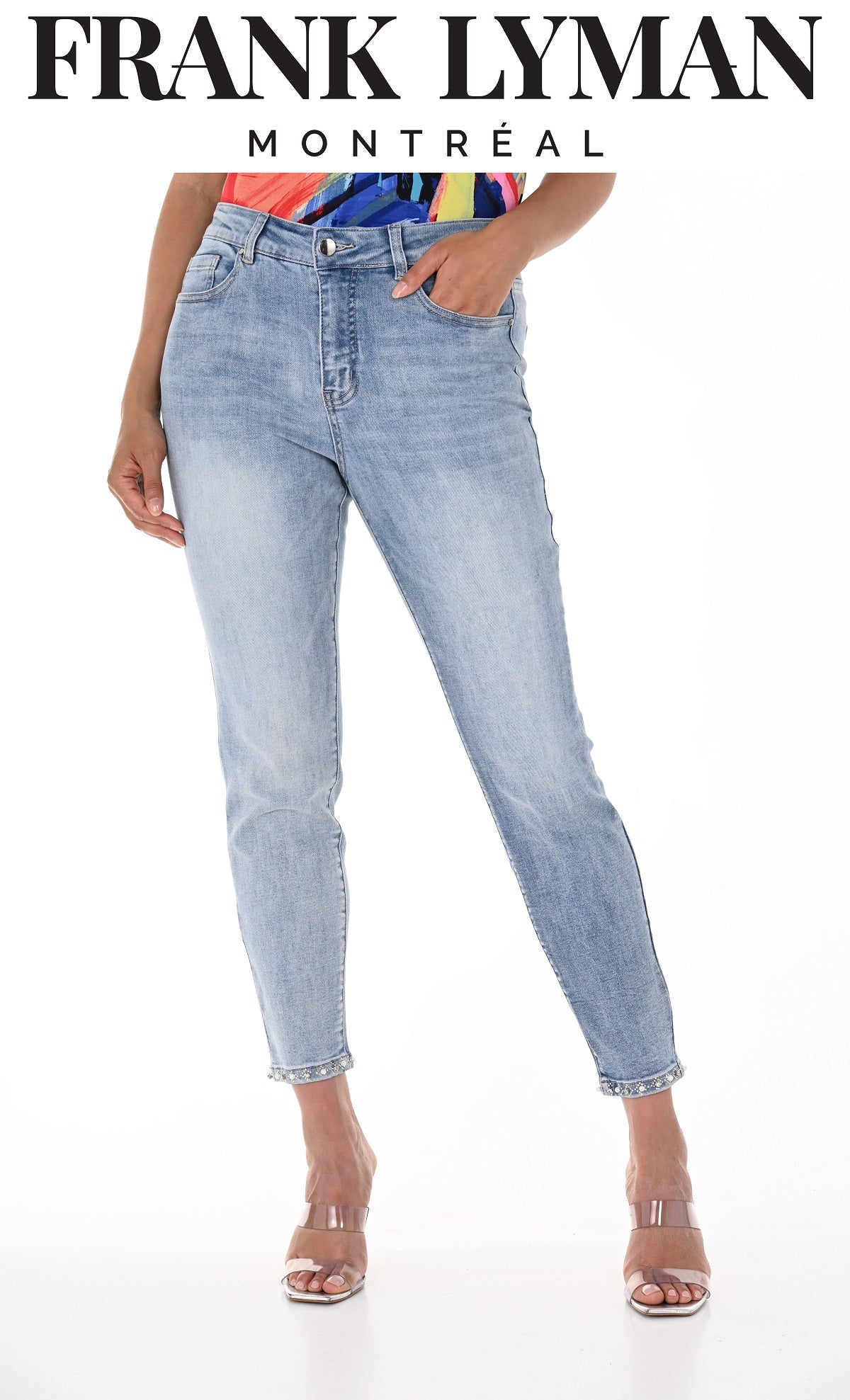 Frank Lyman Montreal Pearl Bow Jeans-Frank Lyman Montreal Denim Blue With Back Pearl Bow Detail-Denim Blue Pearl Jeans