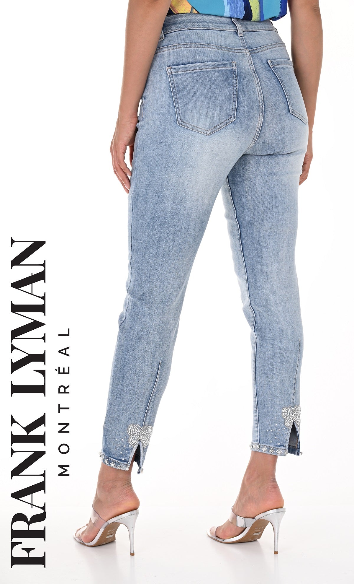 Frank Lyman Montreal Pearl Bow Jeans-Frank Lyman Montreal Denim Blue With Back Pearl Bow Detail-Denim Blue Pearl Jeans