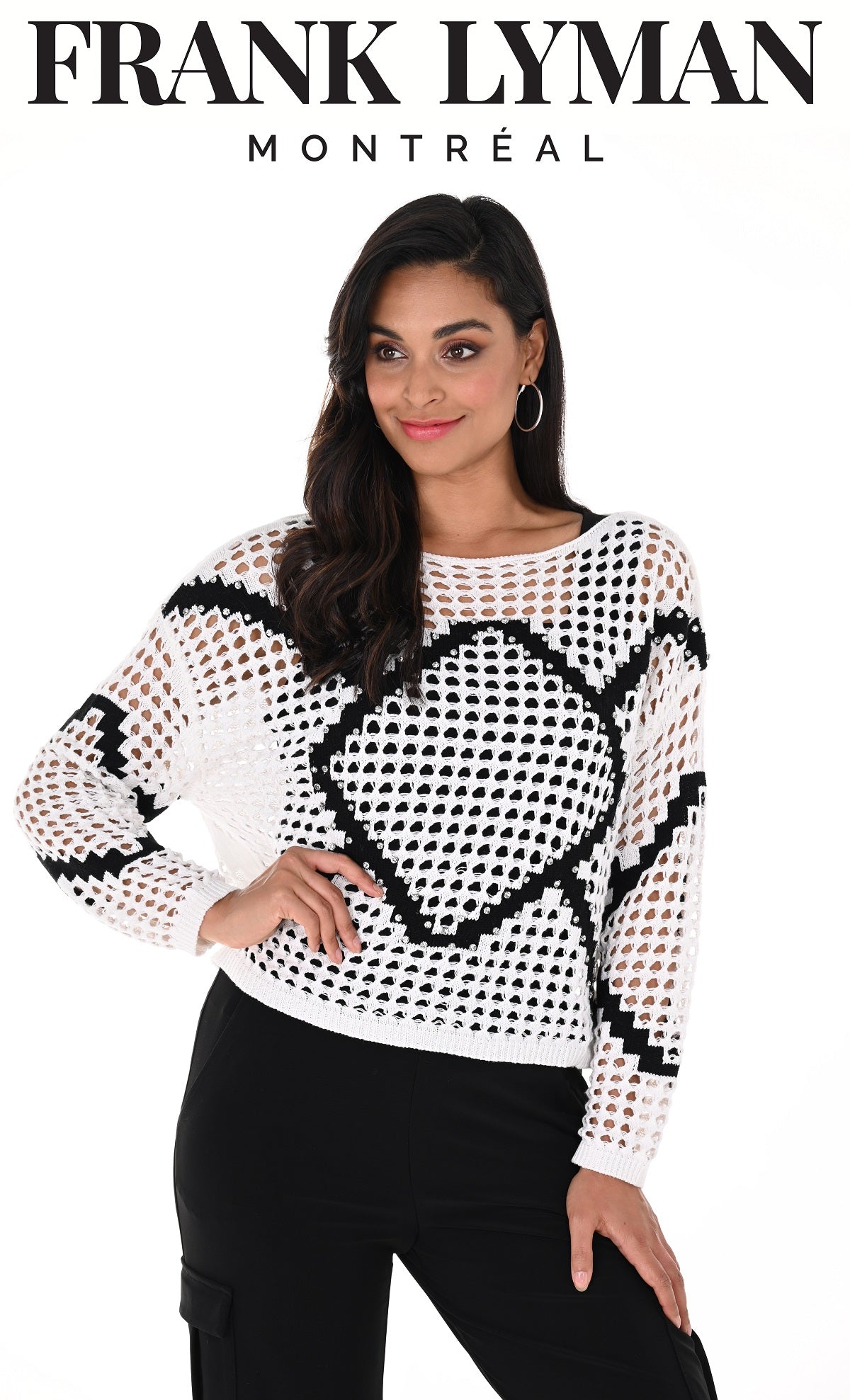 Frank Lyman Montreal Fishnet Sweater With Crystal Stone Detail