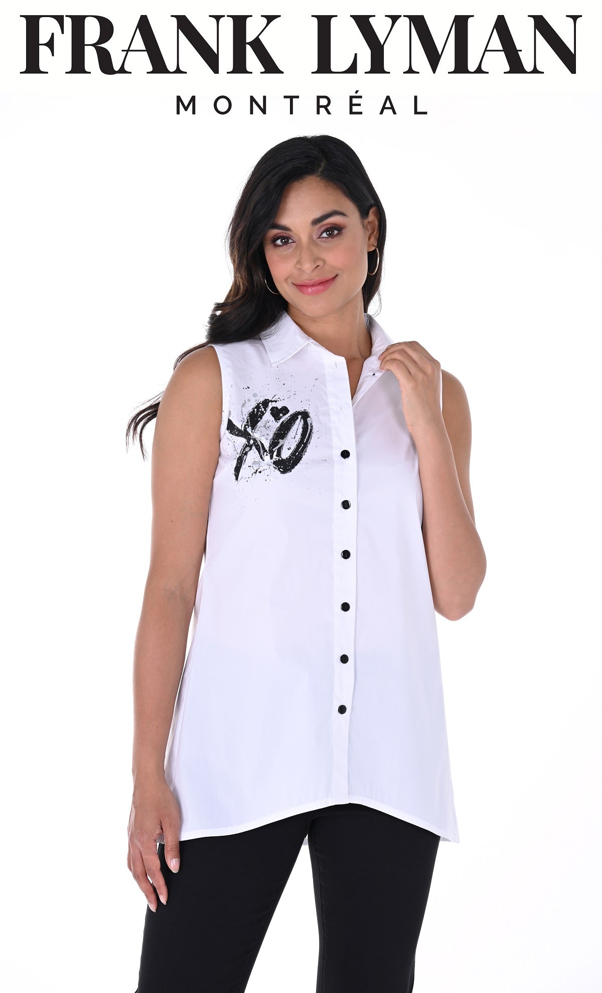 Frank Lyman Montreal White-Black Sleeveless Blouse With Back Zipper Pleat Opening