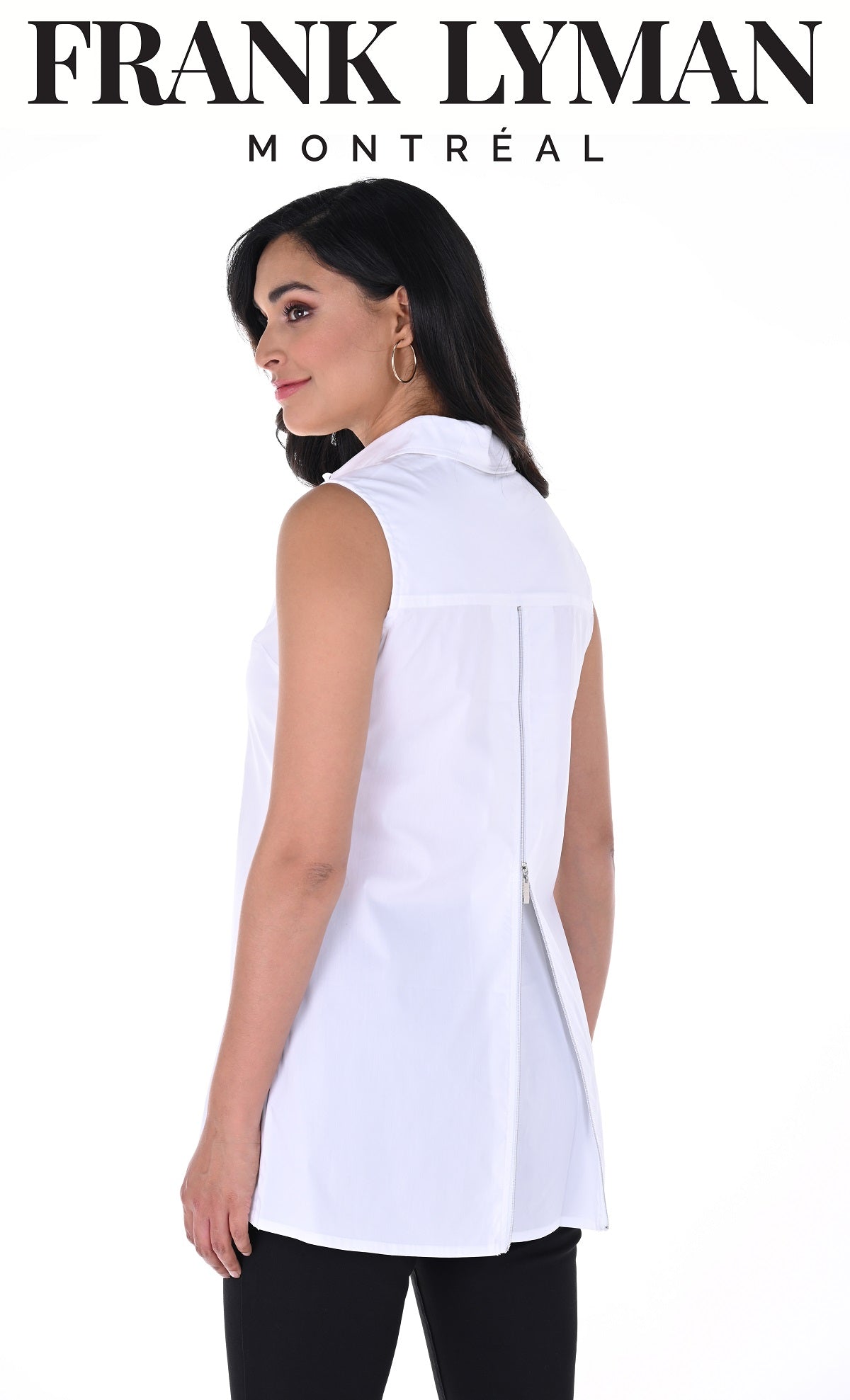 Frank Lyman Montreal White-Black Sleeveless Blouse With Back Zipper Pleat Opening