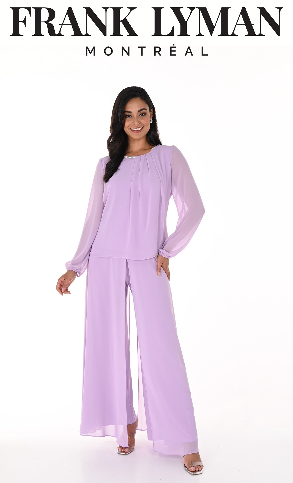 Frank Lyman Montreal Amethyst Evening palazzo pant with attached overlay