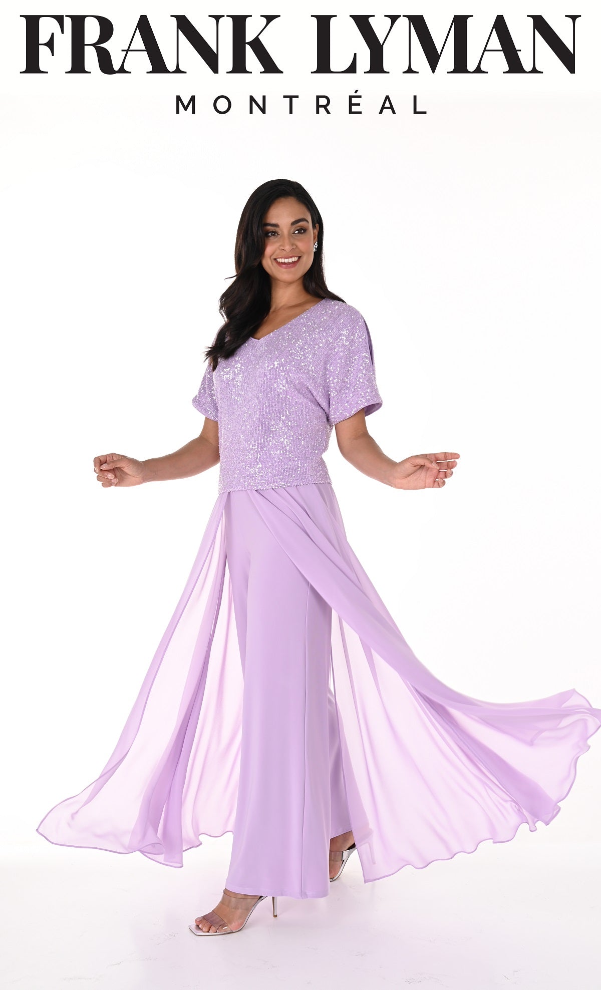 Frank Lyman Montreal Amethyst Evening palazzo pant with attached overlay