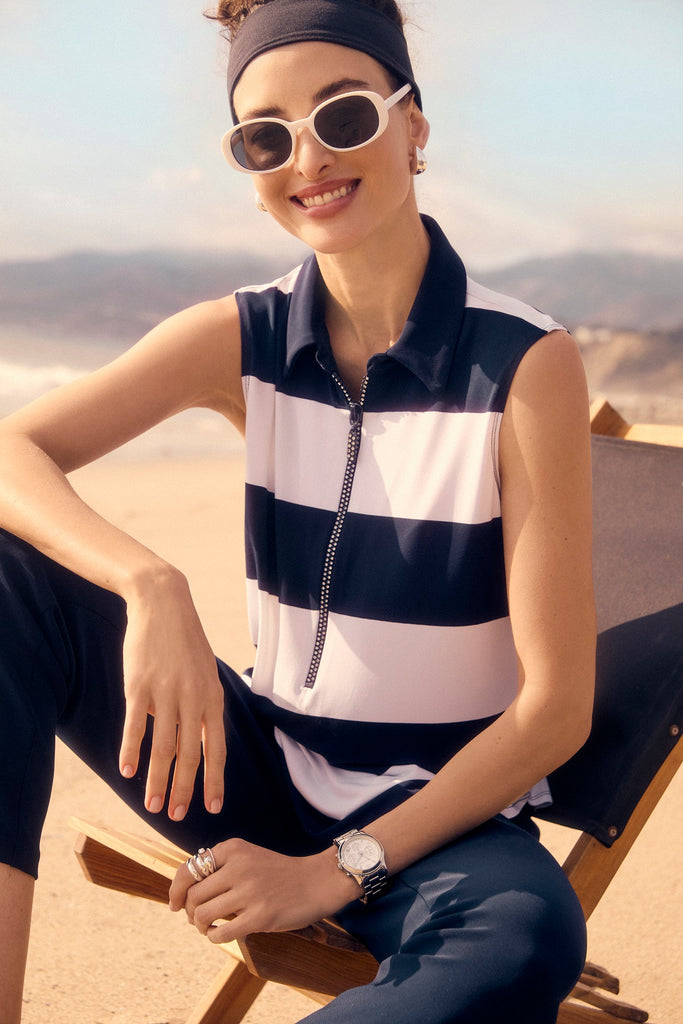 Frank Lyman Navy white sleeveless blouse with embellished zipper detail