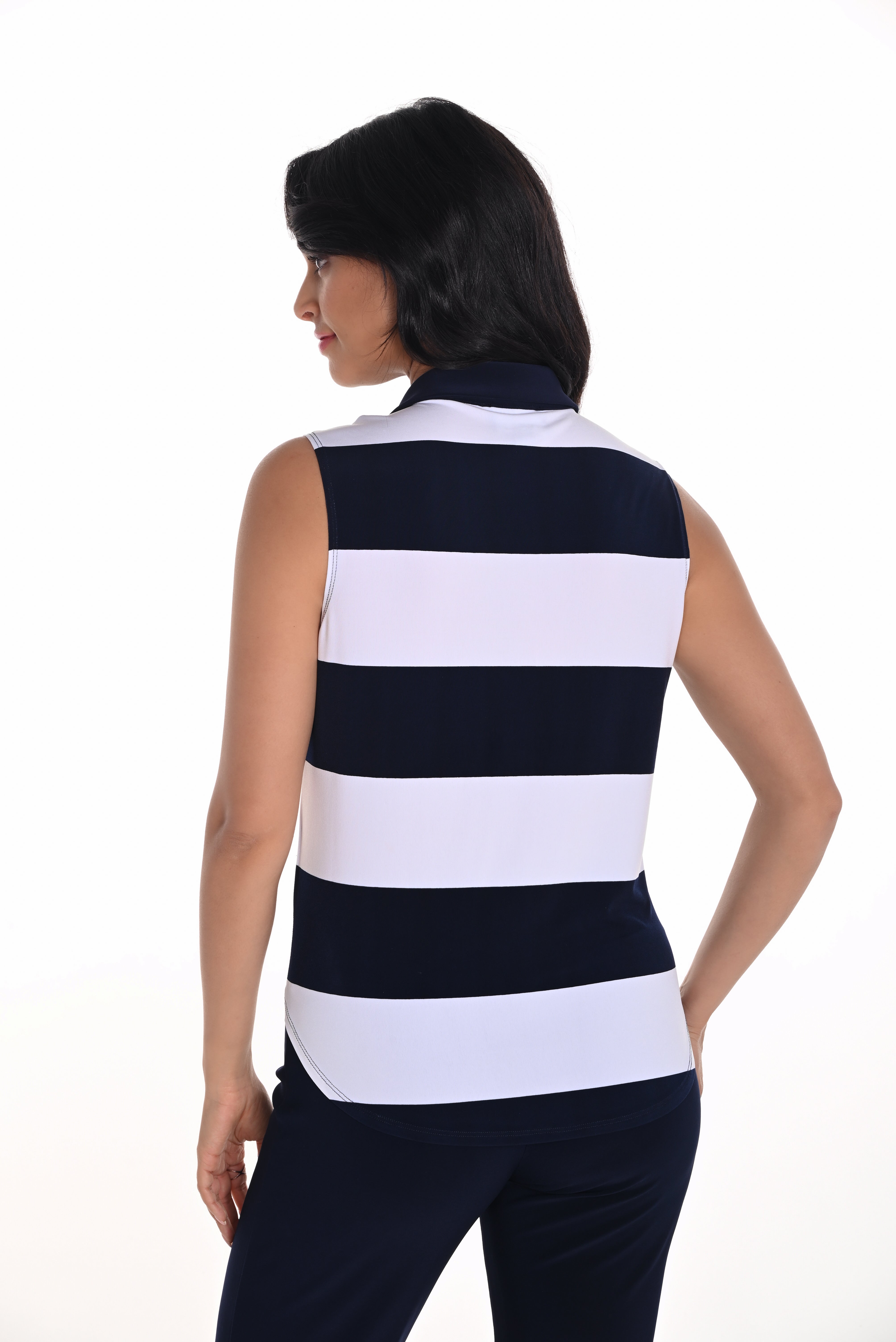Frank Lyman Navy white sleeveless blouse with embellished zipper detail