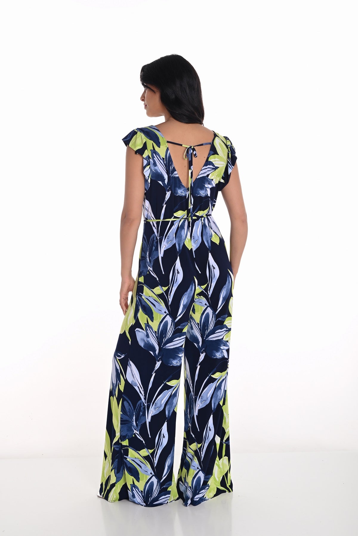 Navy lime green one piece summer jumpsuit with pockets in palazzo style
