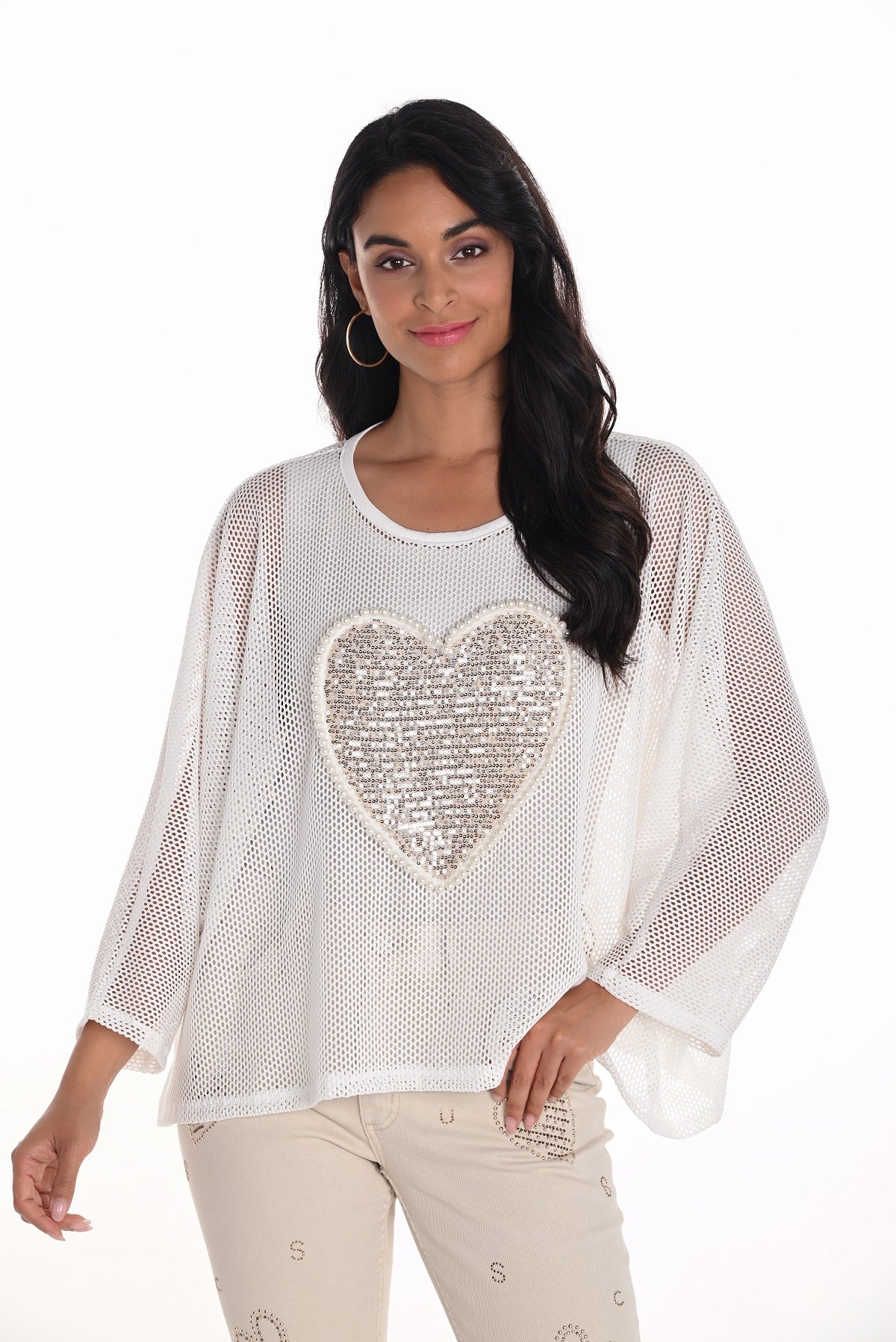 Frank Lyman Off white 2 piece mesh sweater with front pearl sequin heart detail