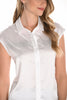 Frank Lyman sleeveless white satin blouse with front sequin detail