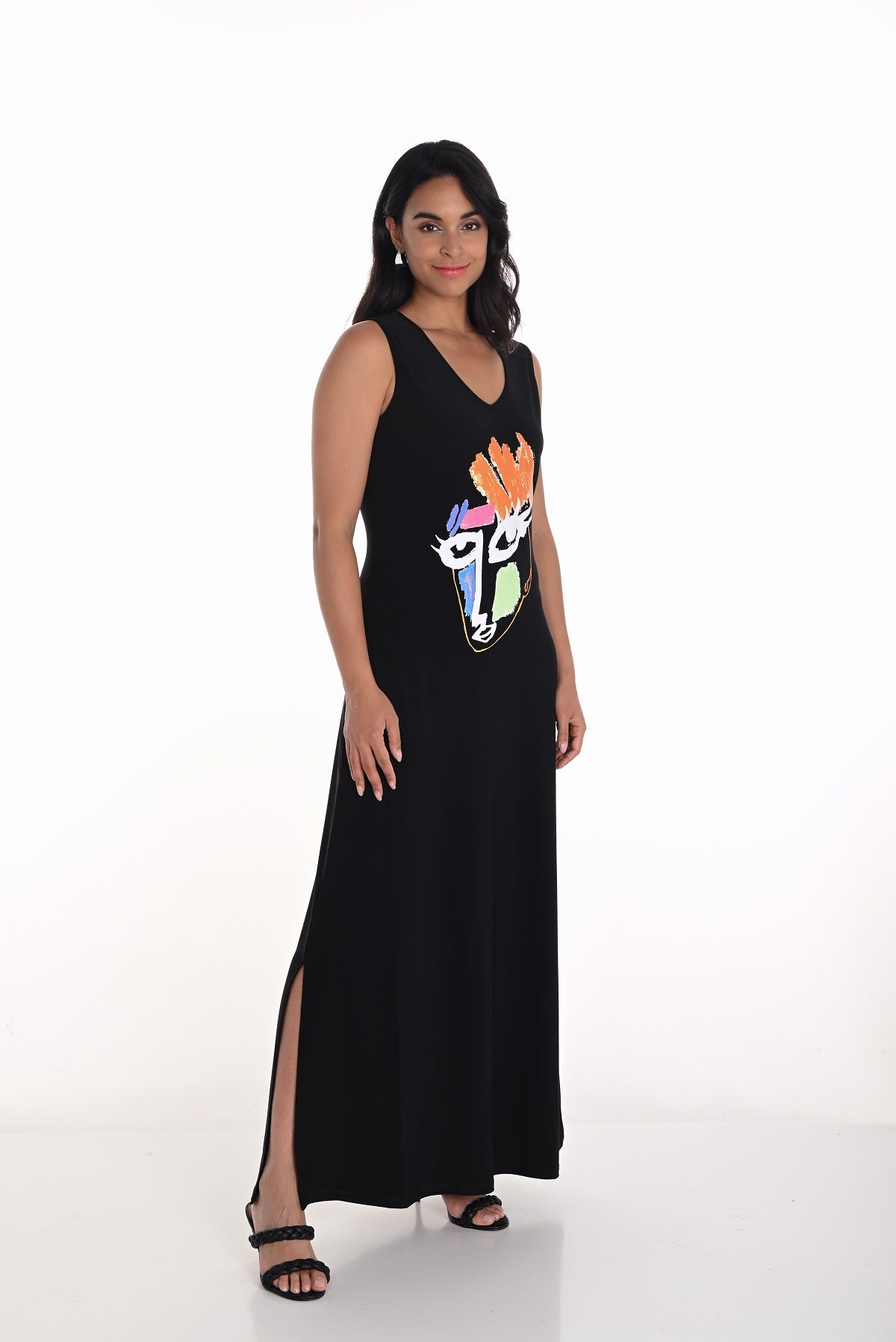 Frank Lyman Black Maxi dress with side slit and front print detail