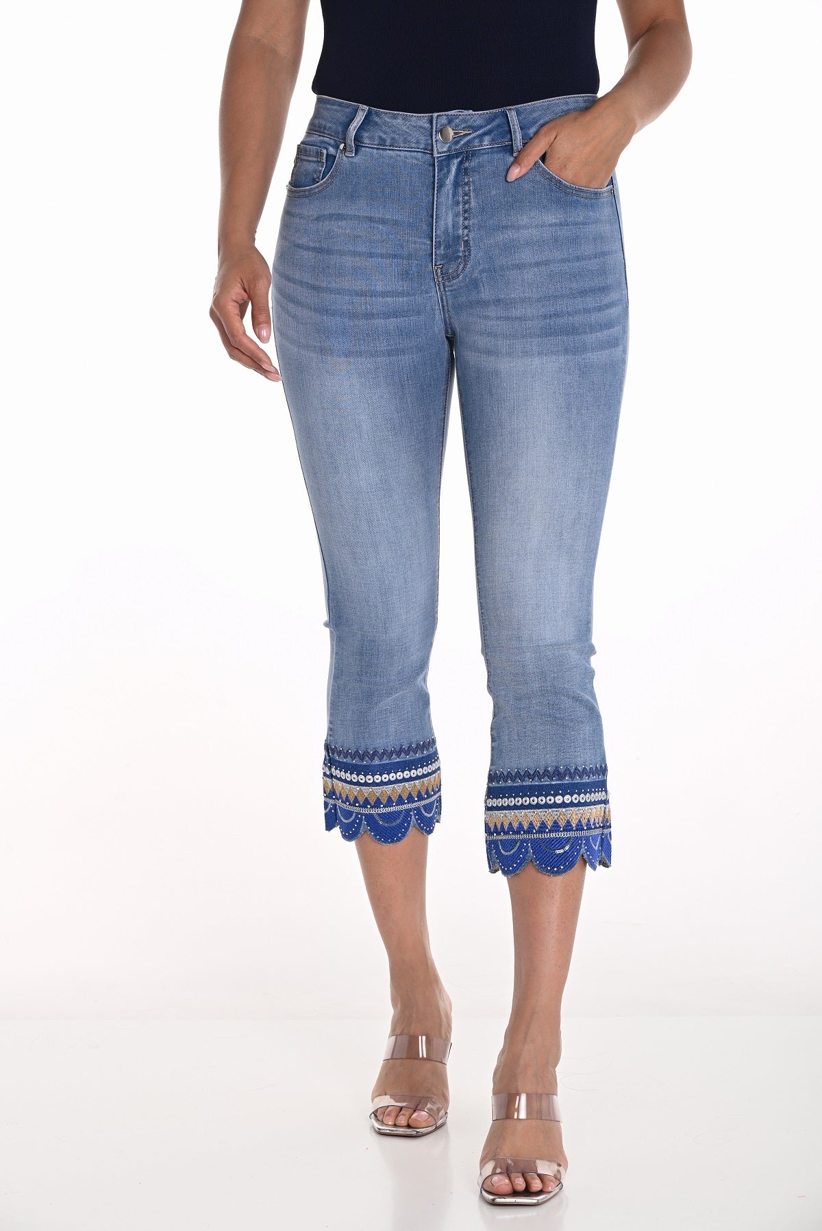 Crop mid rise skinny jeans with sequin scalloped hem detail