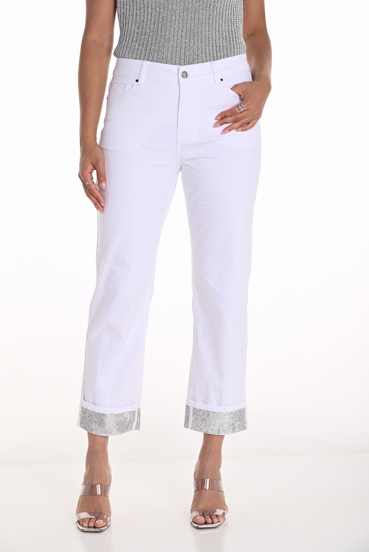 Frank Lyman Off white crop jeans with sequin hem detail