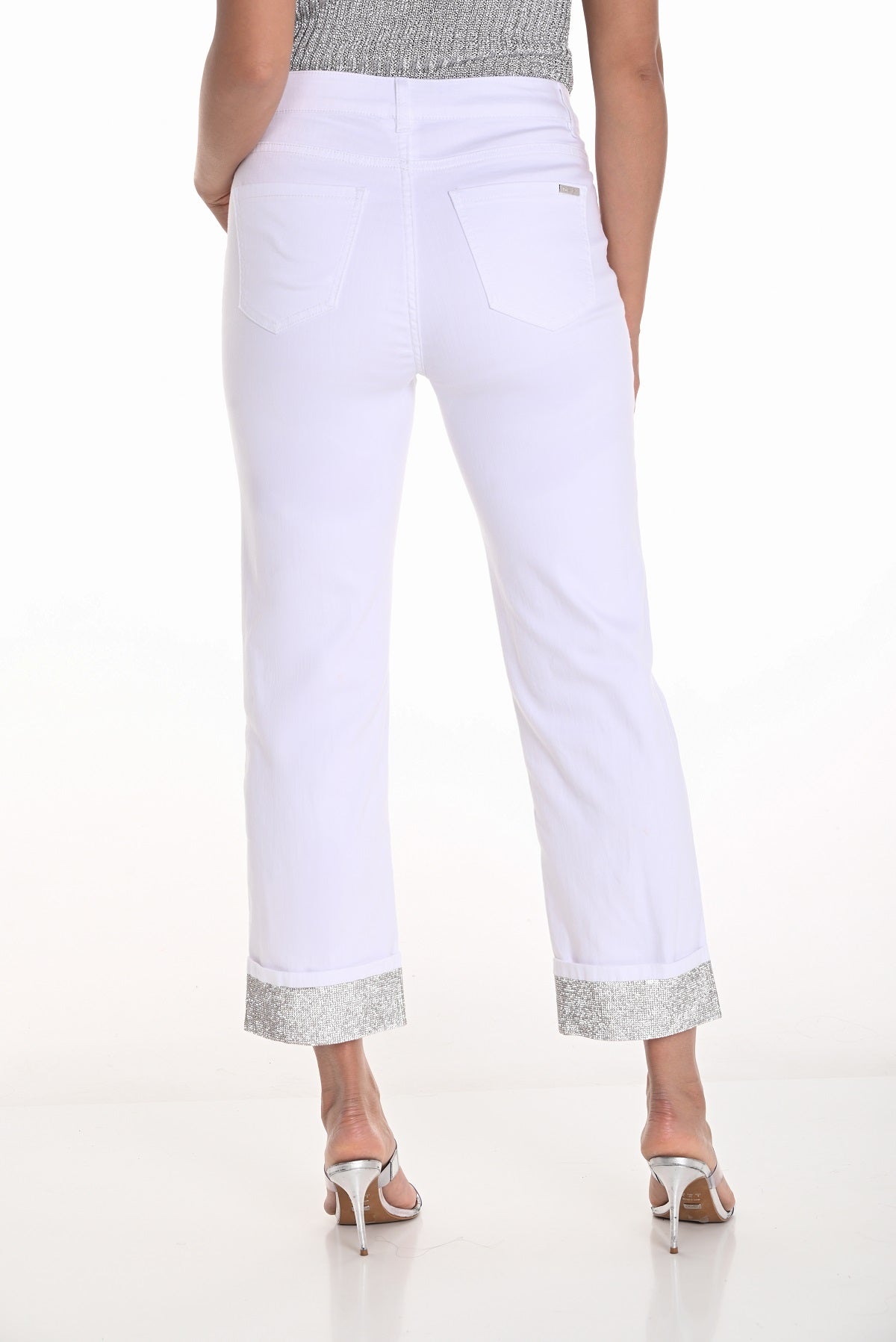 Frank Lyman Off white crop jeans with sequin hem detail
