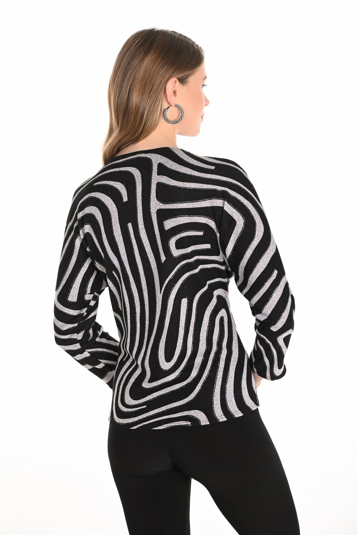 Grey black tunic sweater with embellished front zipper detail