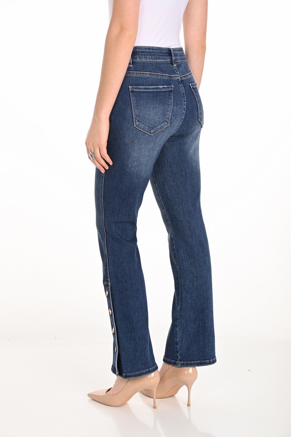 Frank Lyman wide leg jeans with working button side detail