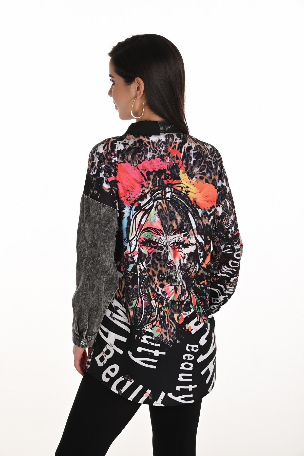 Black grey tunic blouse with striking sequin print detail on front and back