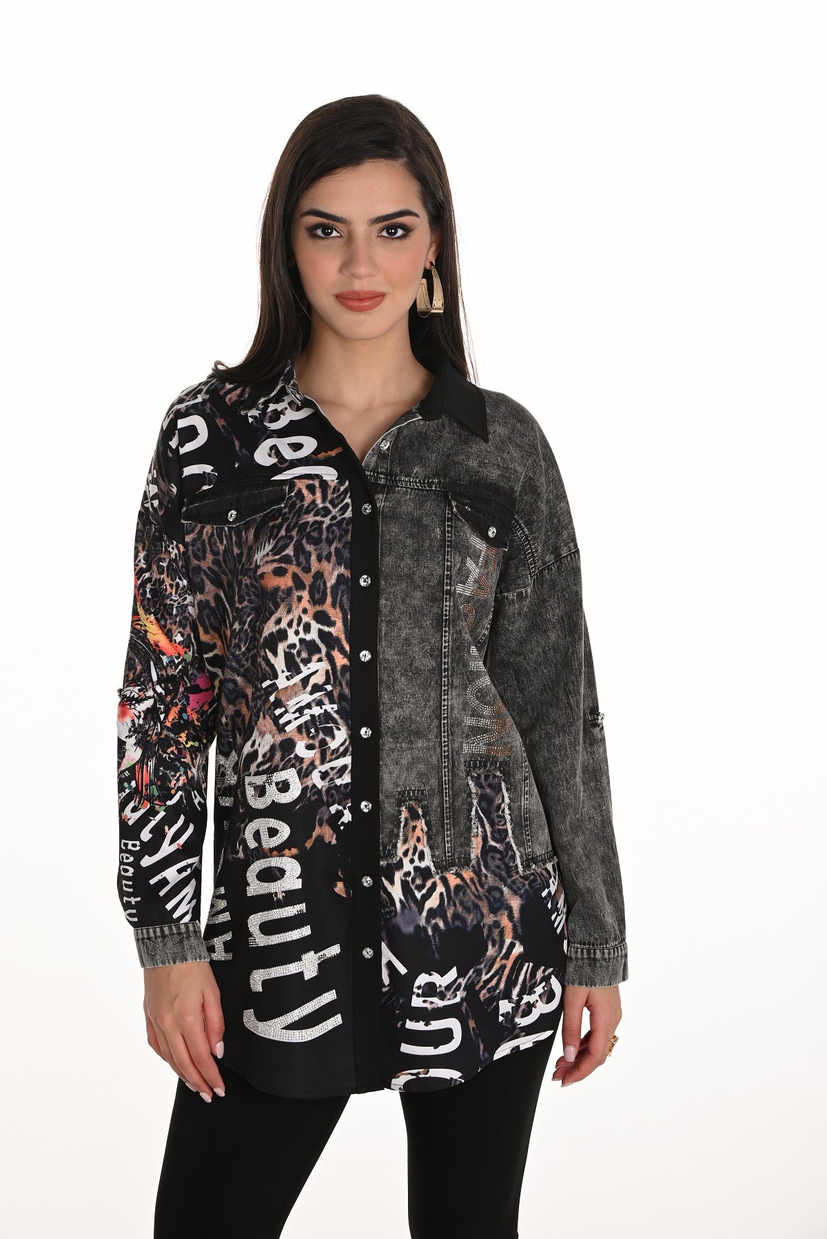 Black grey tunic blouse with striking sequin print detail on front and back