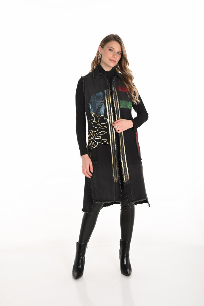 Frank Lyman long black sleeveless denim vest