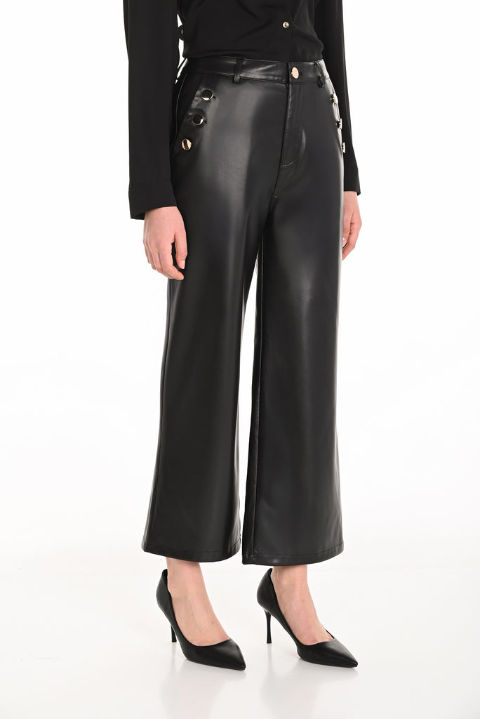 Black polyurethane wide leg pant with gold button and zip front