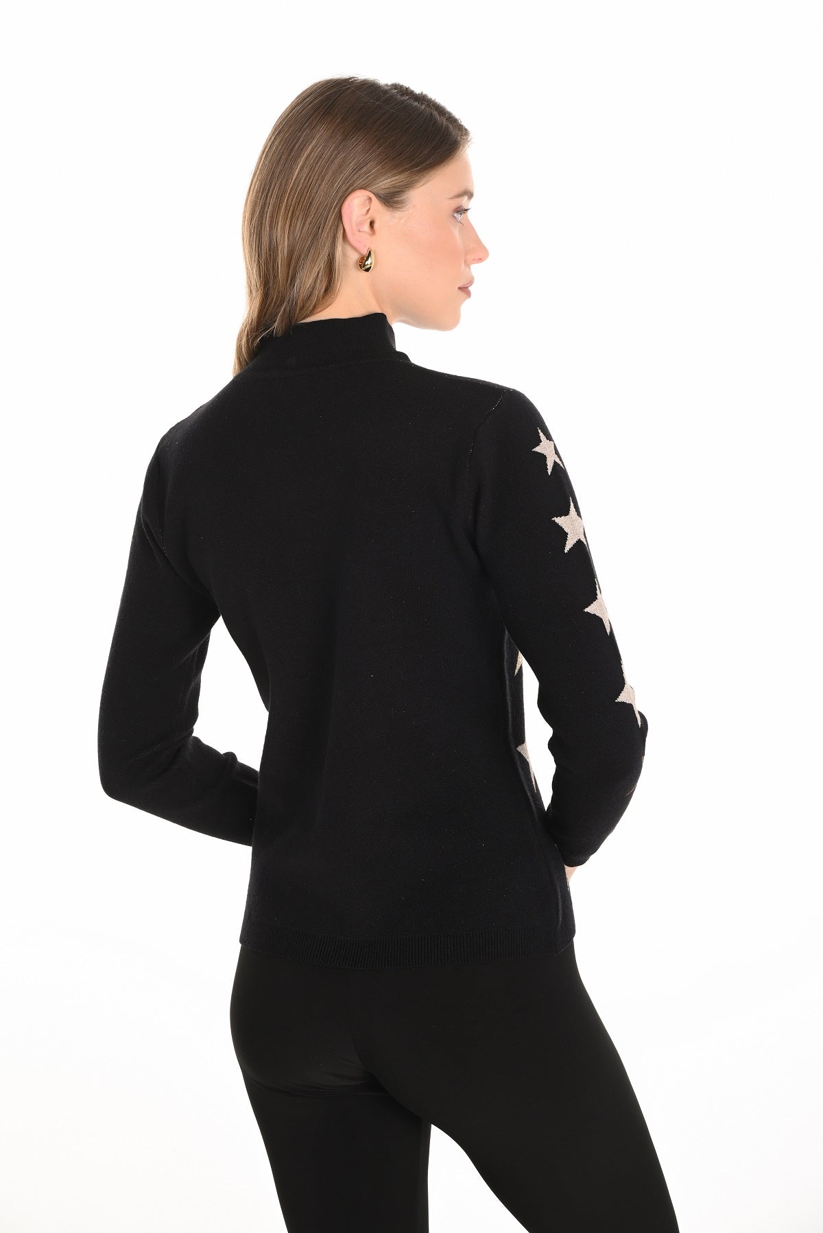 Black gold mock neck sweater with front star print detail