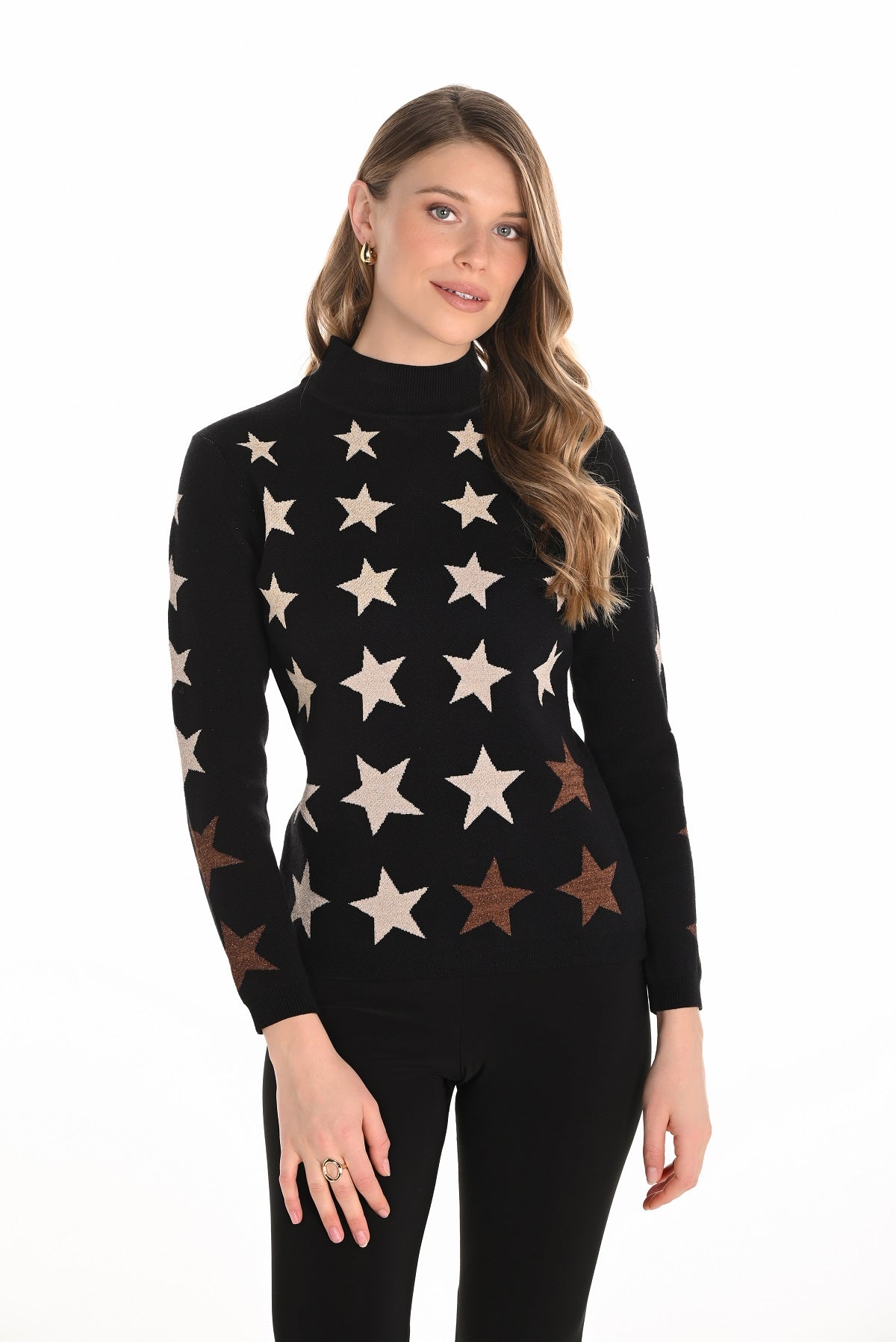 Black gold mock neck sweater with front star print detail